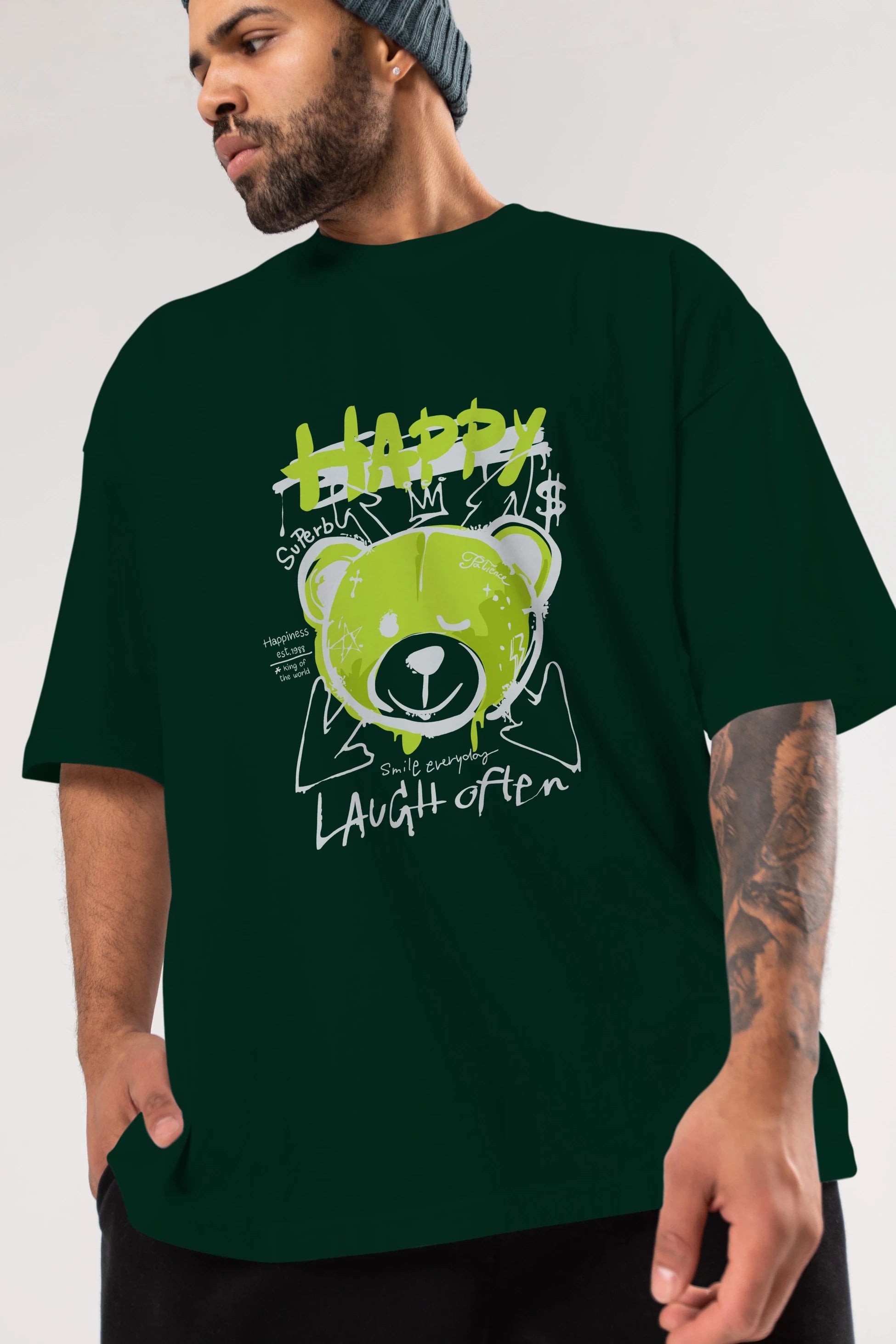Happy Bear Ön Baskılı Oversize t-shirt Erkek Kadın Unisex