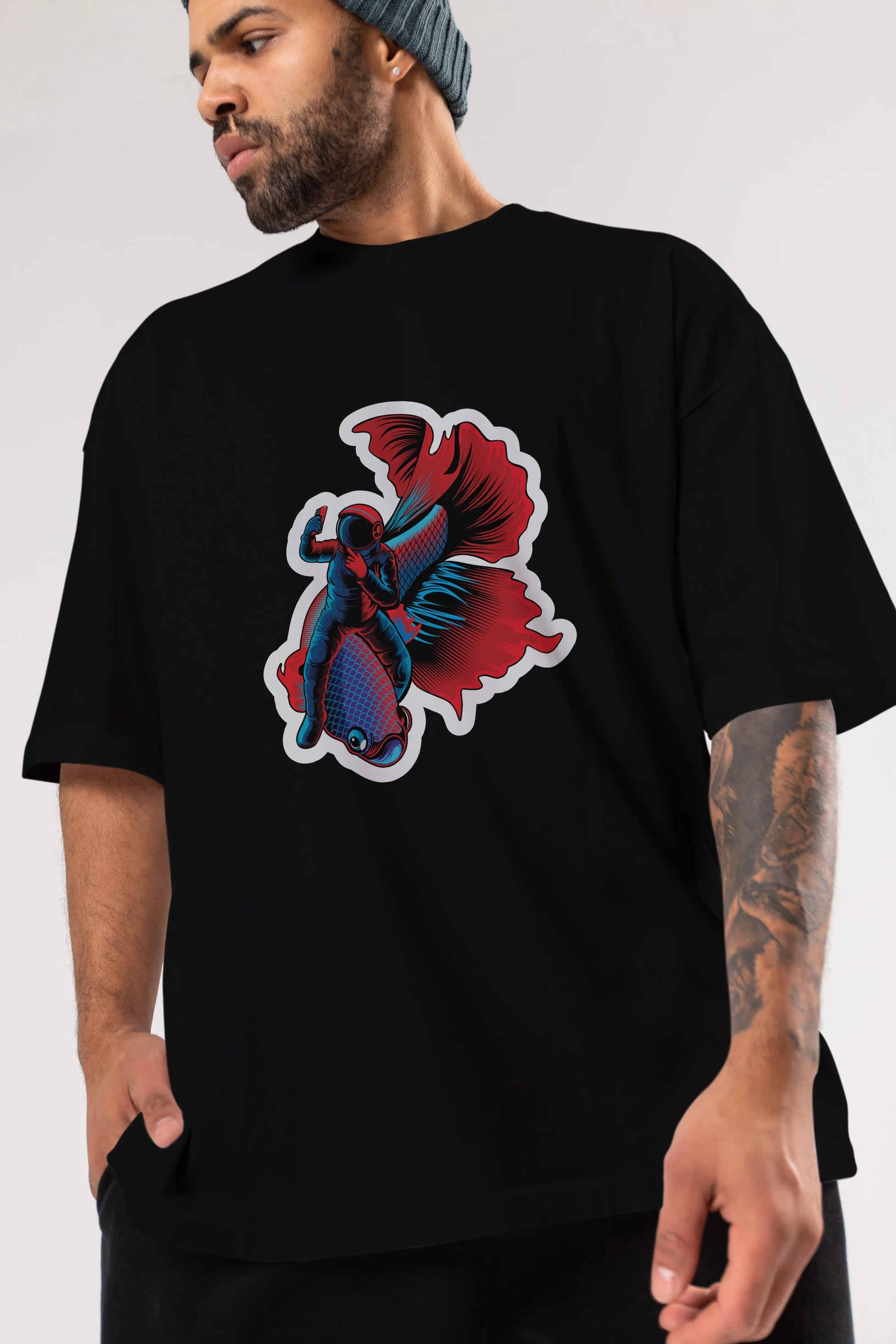 Astrofish selfie sticker Ön Baskılı Oversize t-shirt Erkek Kadın Unisex