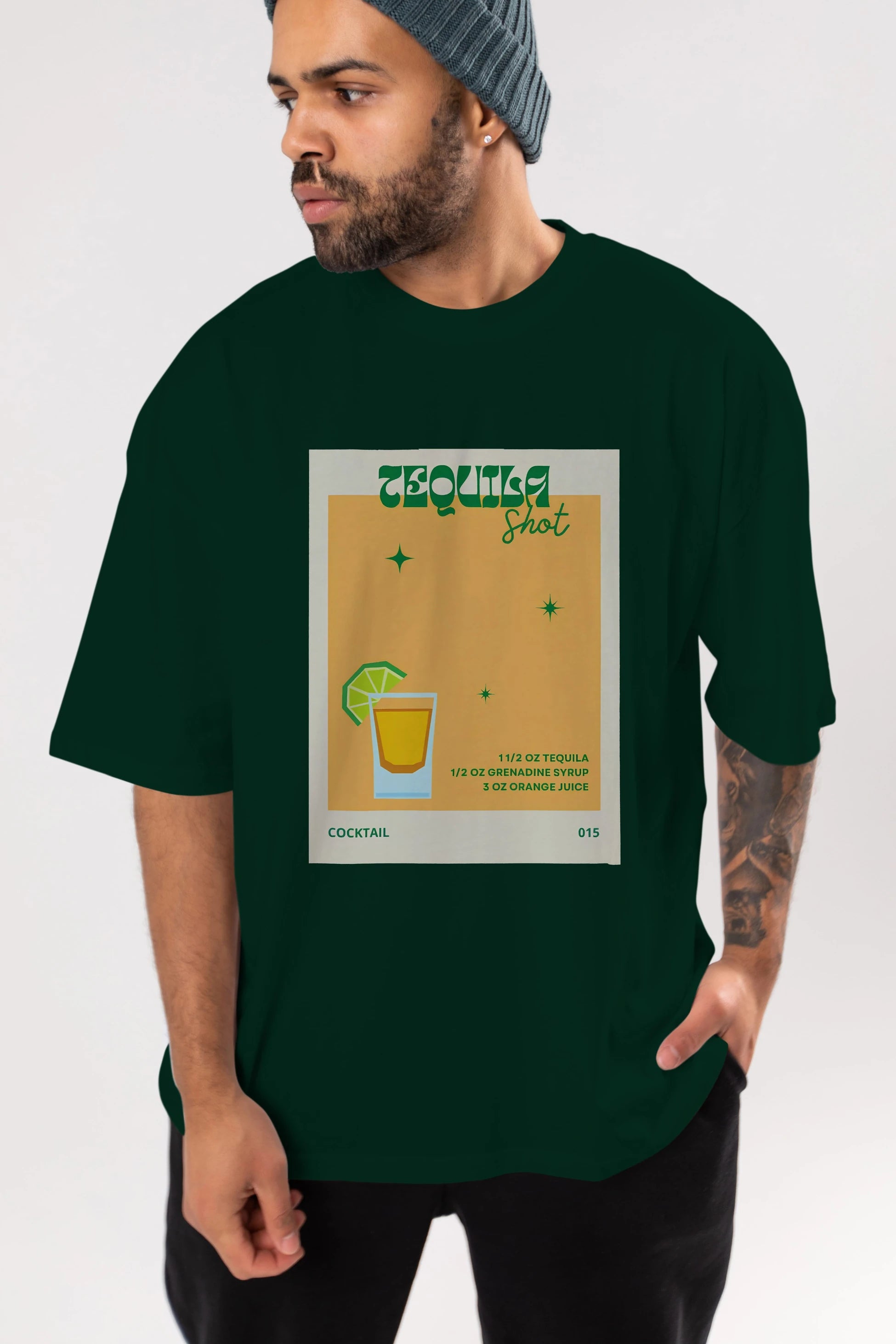 Tequila Shot 2 Ön Baskılı Oversize t-shirt Erkek Kadın Unisex %100 Pamuk Bisiklet Yaka tişort
