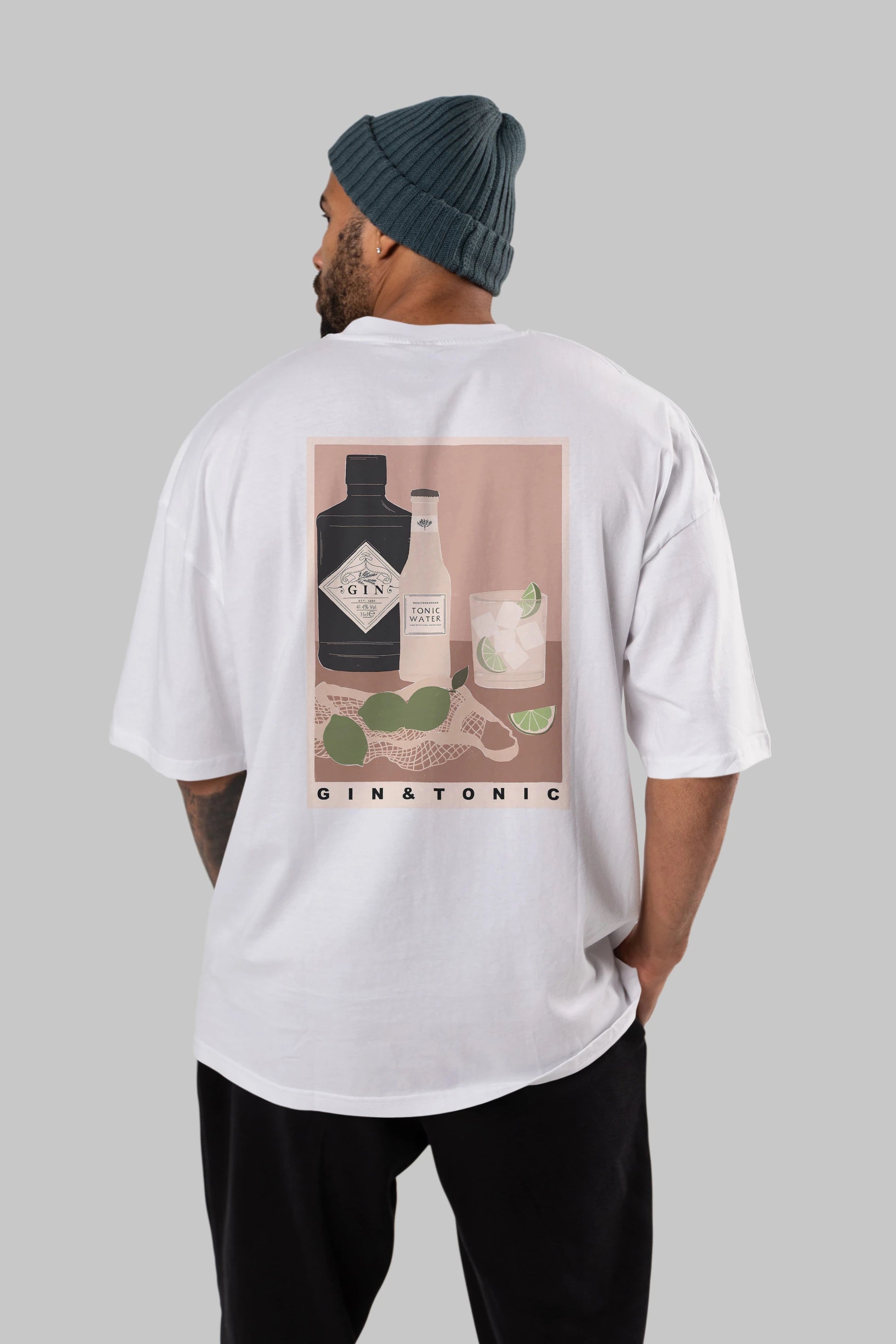 Gin Tonic Arka Baskılı Oversize t-shirt Erkek Kadın Unisex %100 Pamuk Bisiklet Yaka tişort