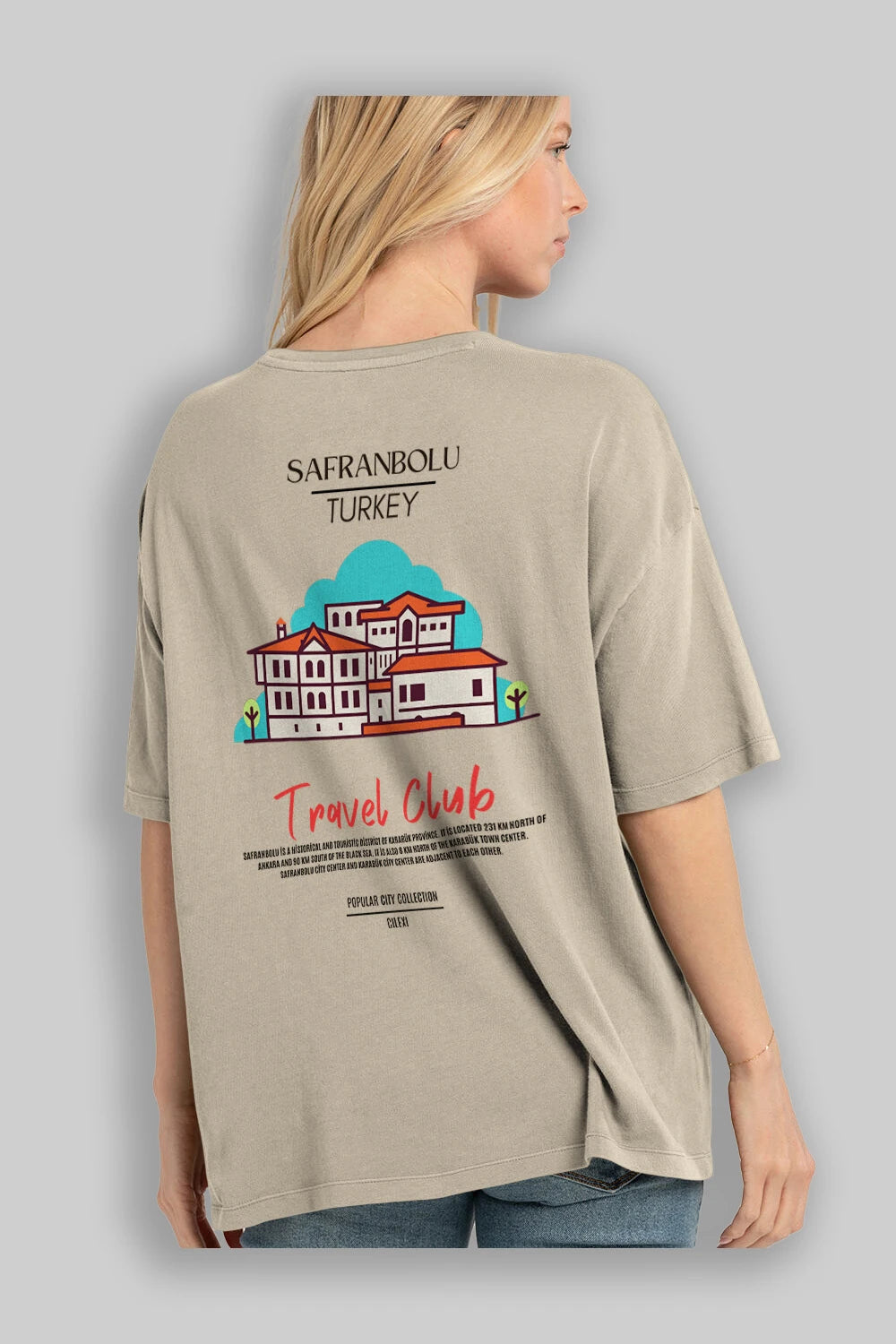 Safranbolu Turkey Arka Baskılı Oversize t-shirt Erkek Kadın Pamuk Bisiklet Yaka tişort
