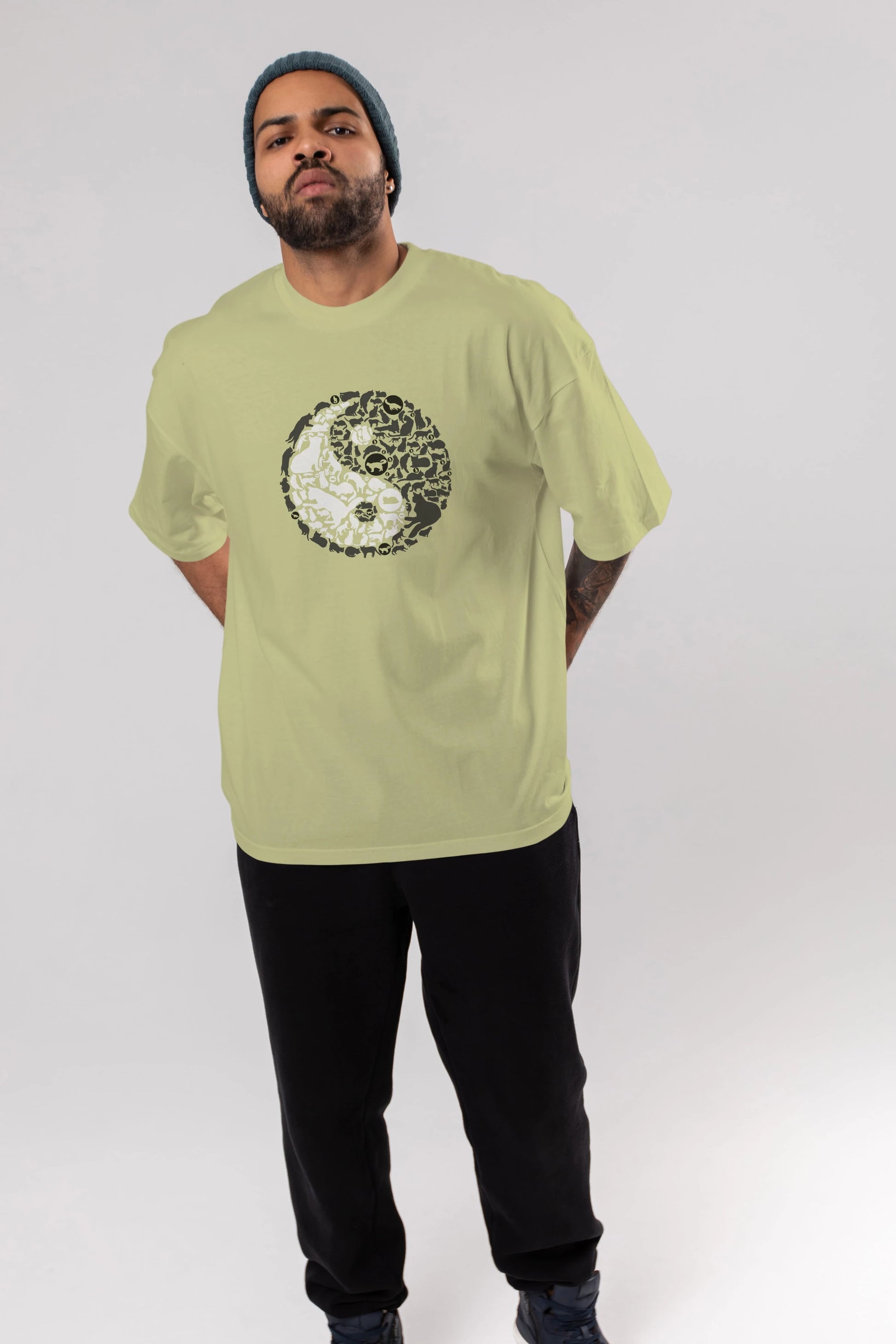 YinYang Cats Ön Baskılı Oversize t-shirt %100 pamuk Erkek Kadın Unisex