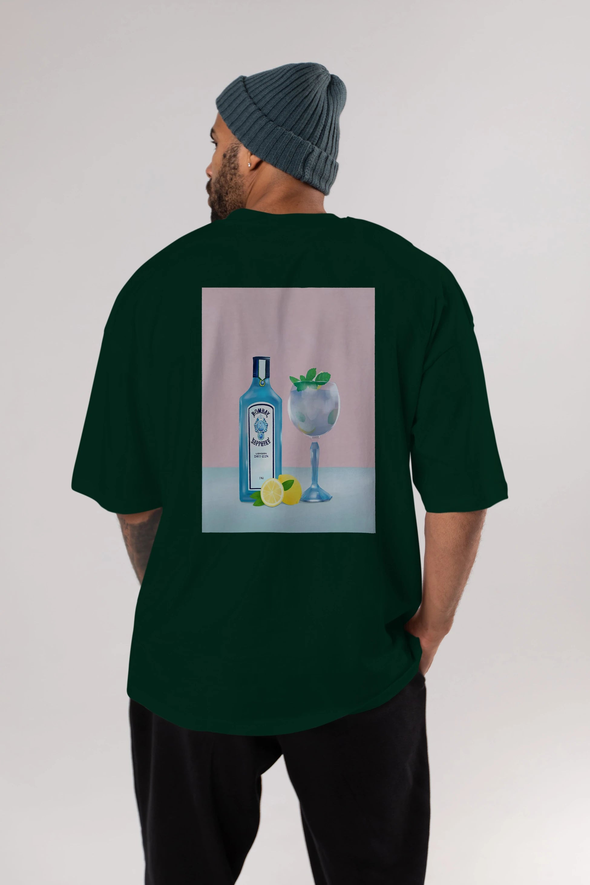 Bombay Sapphire Dry Gin Arka Baskılı Oversize t-shirt Erkek Kadın Unisex %100 Pamuk Bisiklet Yaka tişort