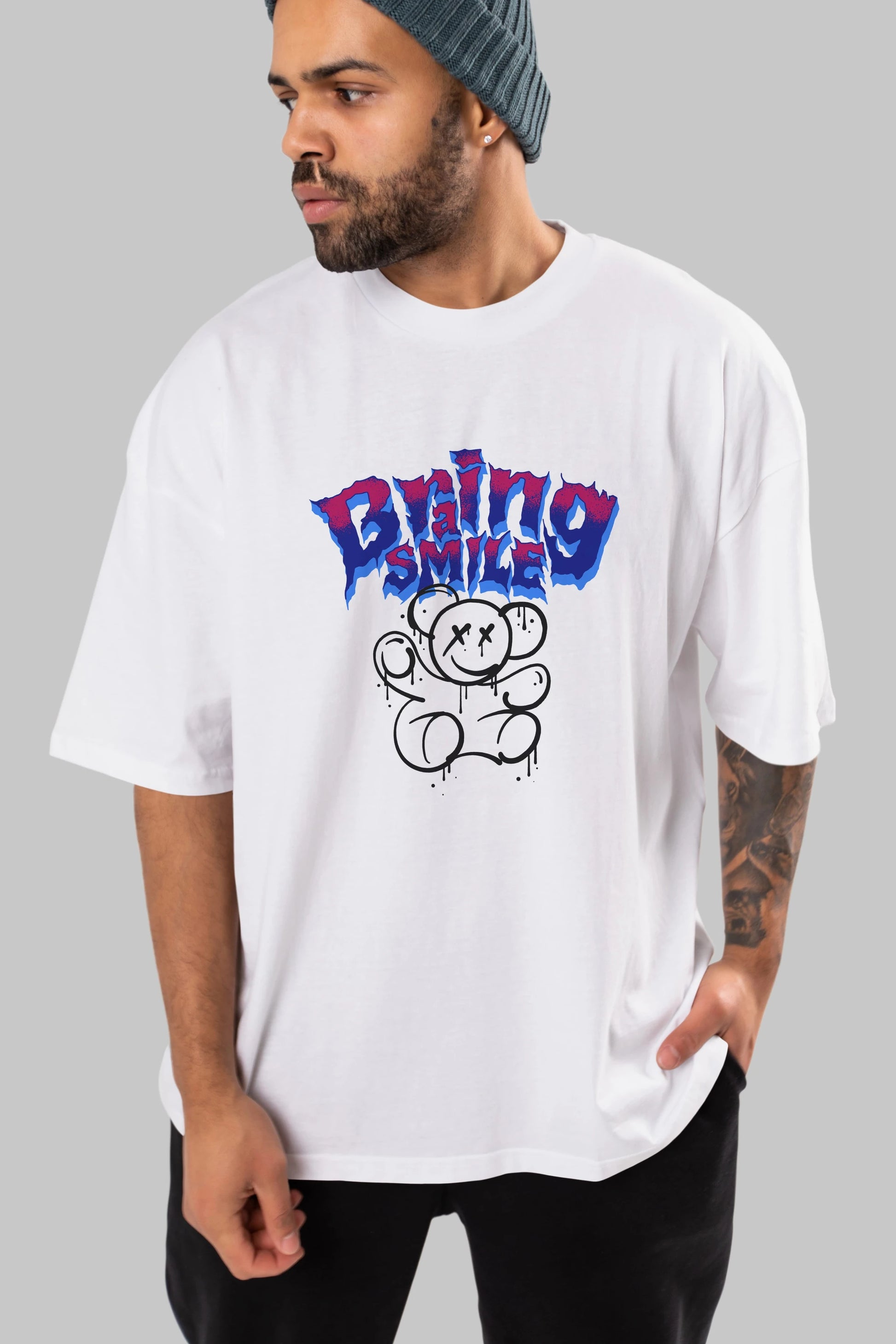 Teddy Bear Braing Smile Ön Baskılı Oversize t-shirt Erkek Kadın Unisex