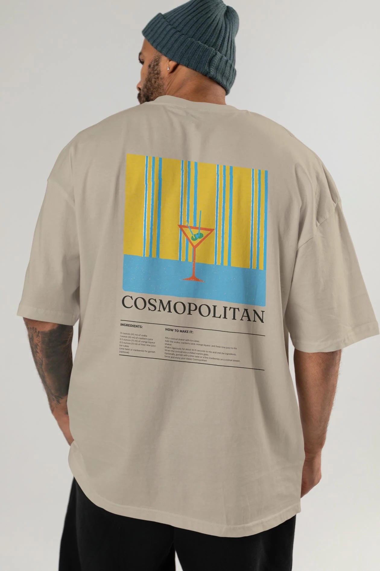 Cosmopolitan Kokteyl Serisi Arka Baskılı Oversize t-shirt Erkek Kadın %100 Pamuk Bisiklet Yaka tişort
