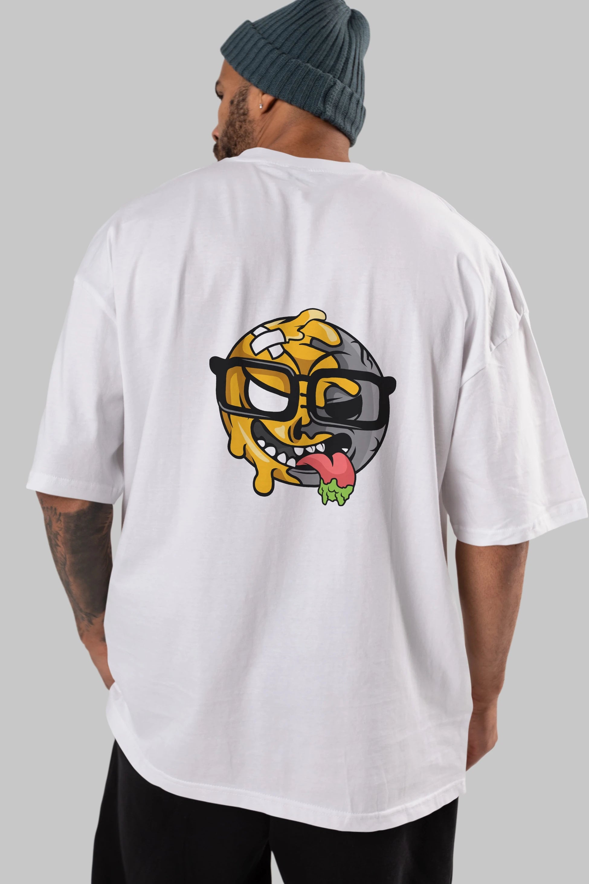 Smiley Nerd Arka Baskılı Oversize t-shirt Erkek Kadın Unisex %100 Pamuk tişort
