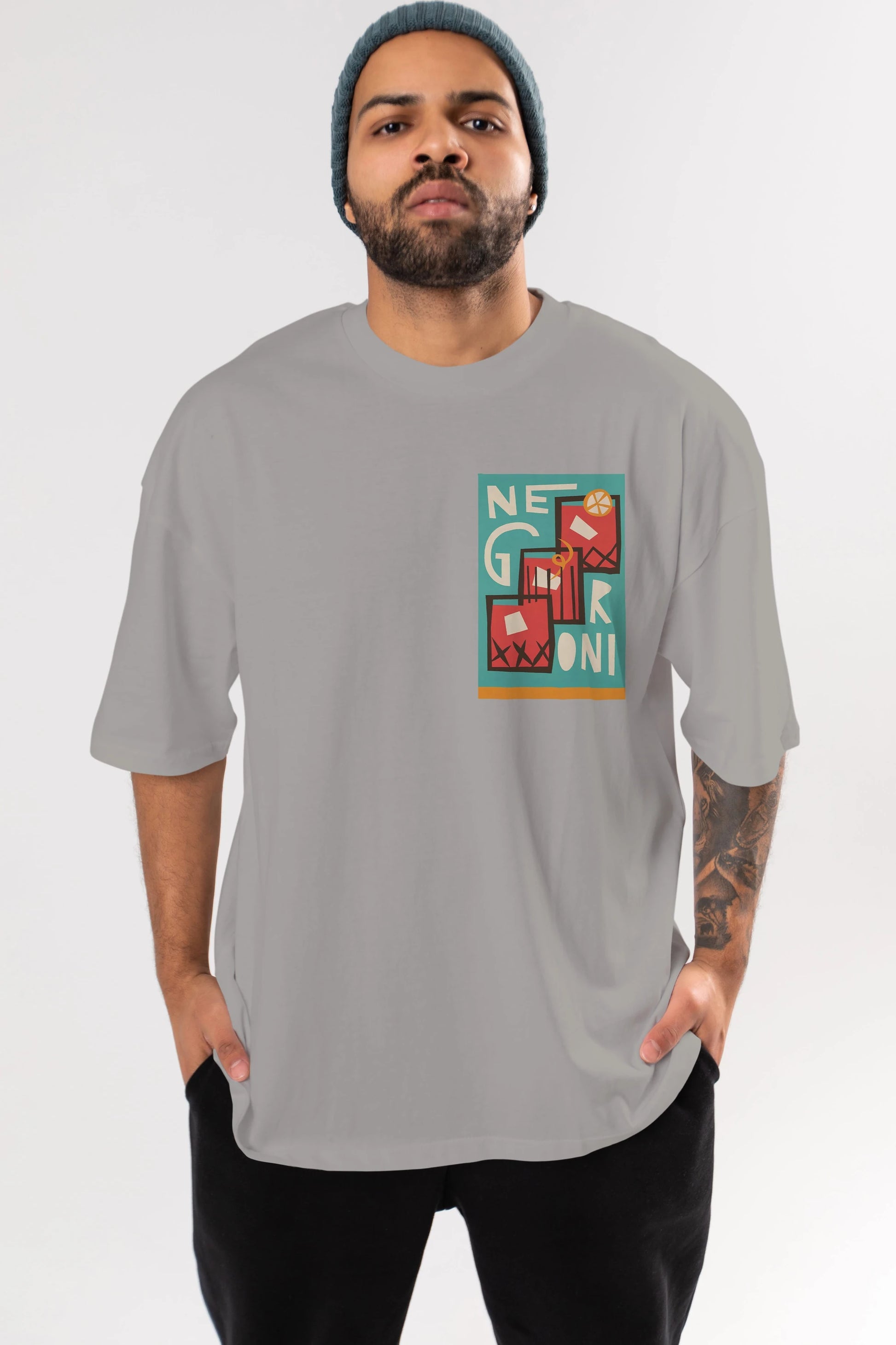 Negroni 3 Ön Sol Baskılı Oversize t-shirt Erkek Kadın Unisex %100 Pamuk Bisiklet Yaka tişort