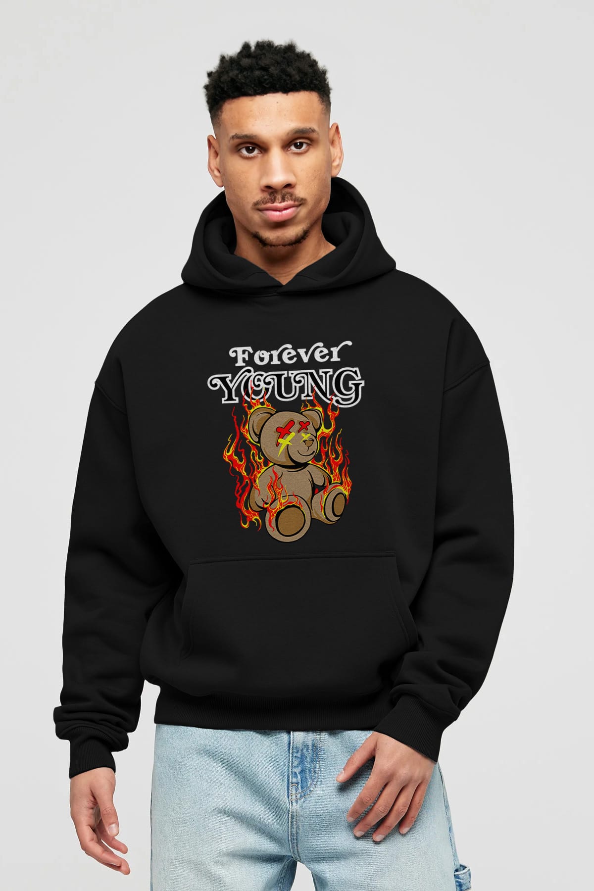 Forever Young Bear Ön Baskılı Hoodie Oversize Kapüşonlu Sweatshirt Erkek Kadın Unisex