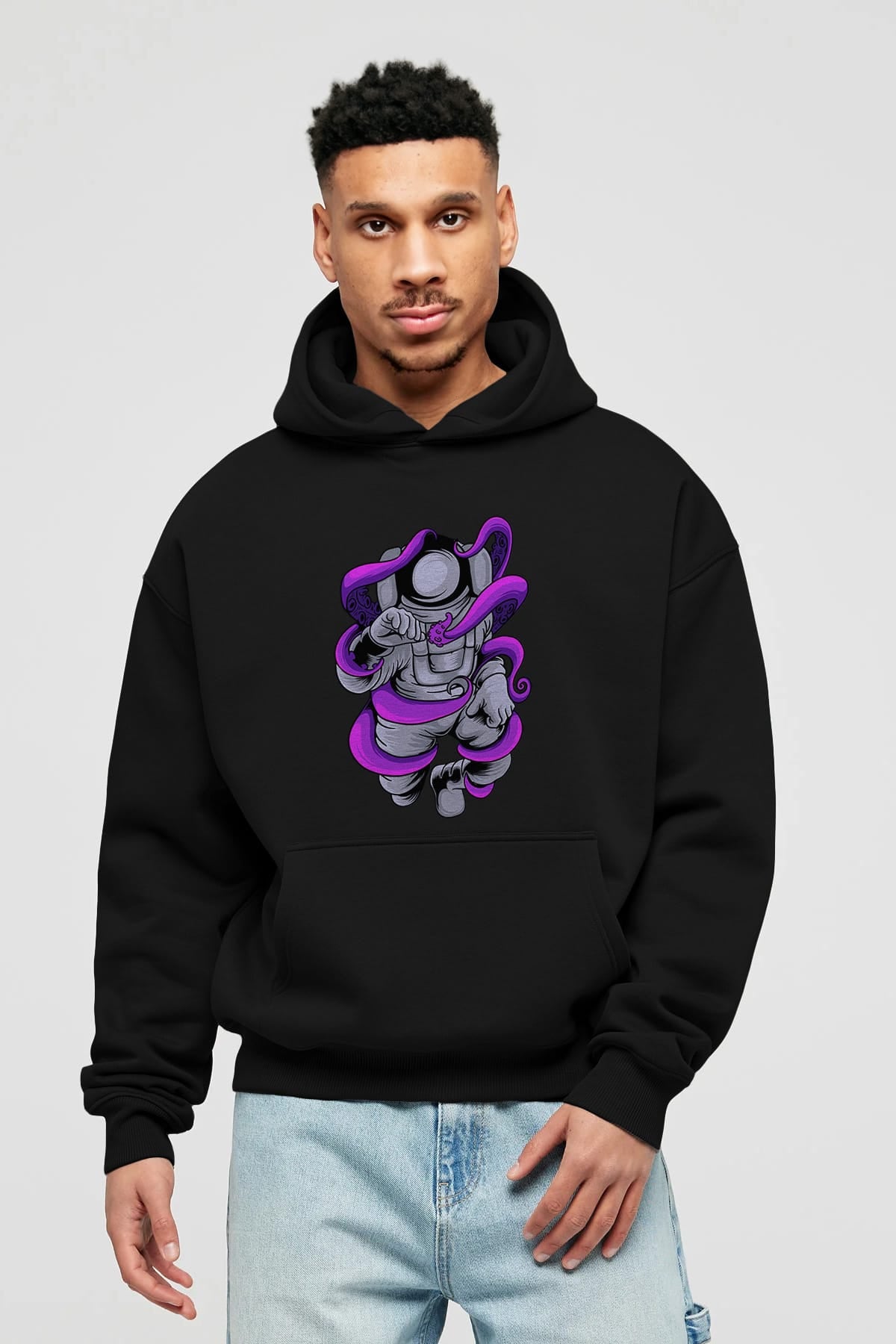 Astronaut fighting octopus Ön Baskılı Hoodie Oversize Kapüşonlu Sweatshirt Erkek Kadın Unisex