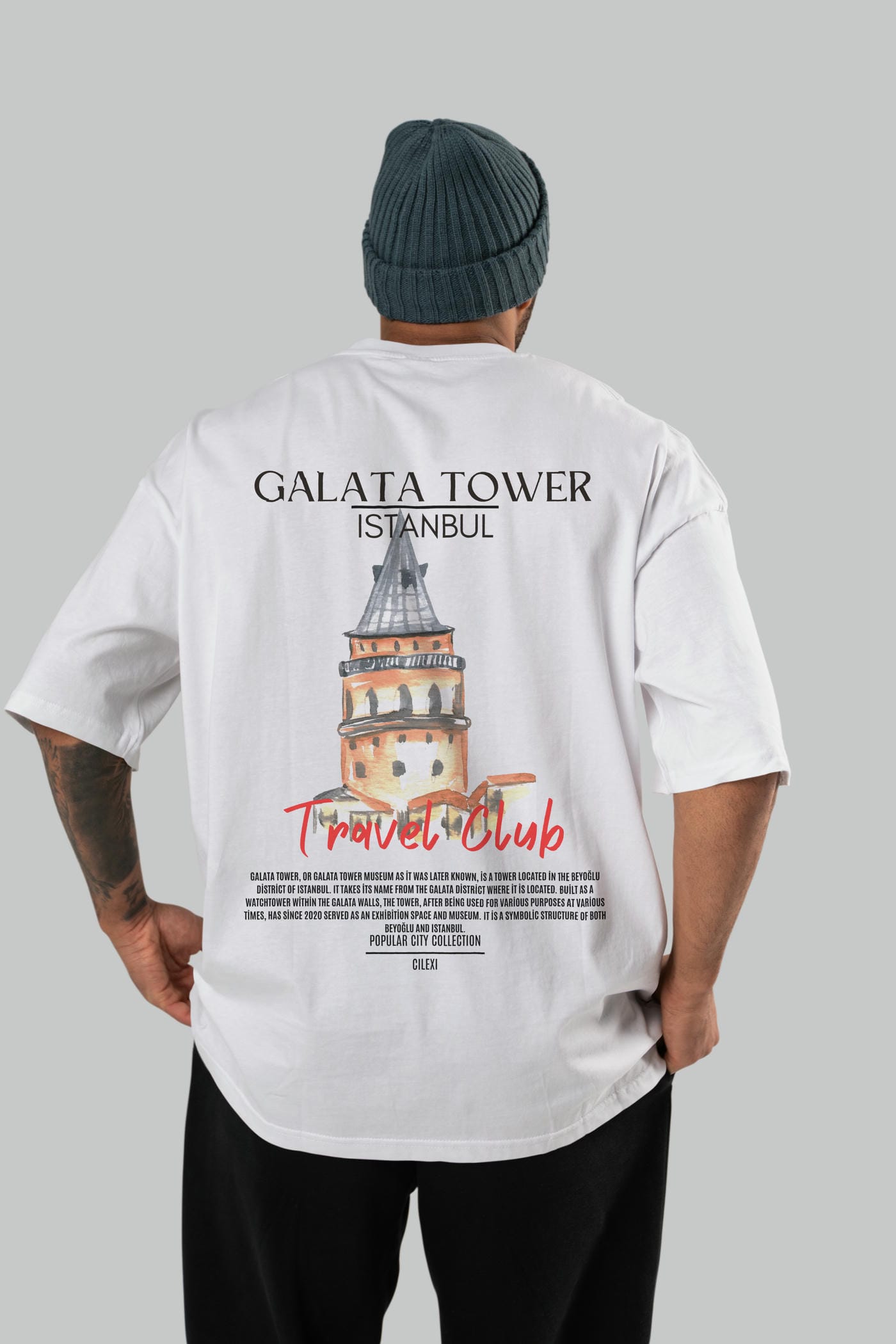 Galata Tower İstanbul Arka Baskılı Oversize t-shirt Erkek Kadın Pamuk Bisiklet Yaka tişort