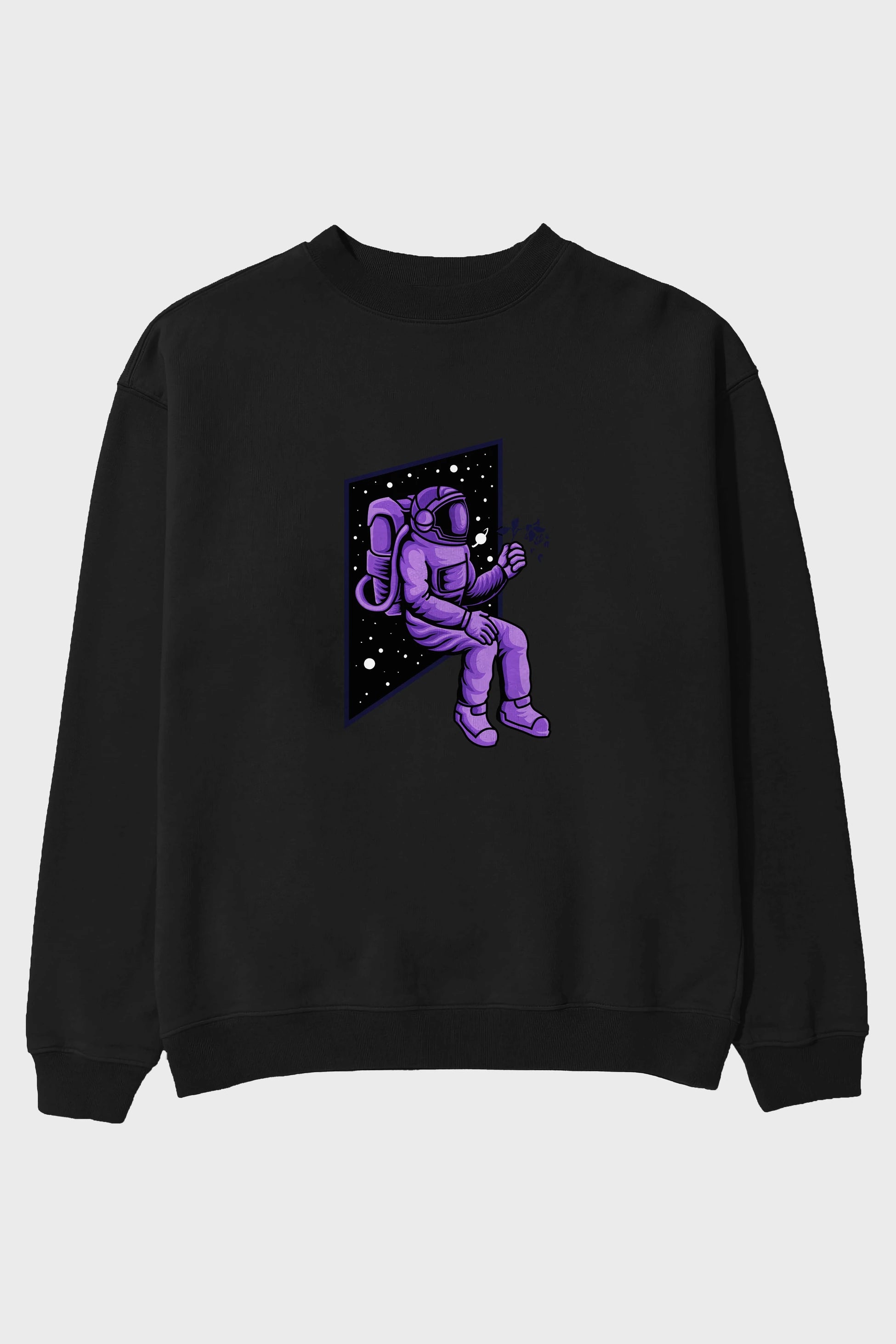 Astronaut holding black rose Ön Baskılı Oversize Sweatshirt Erkek Kadın Unisex