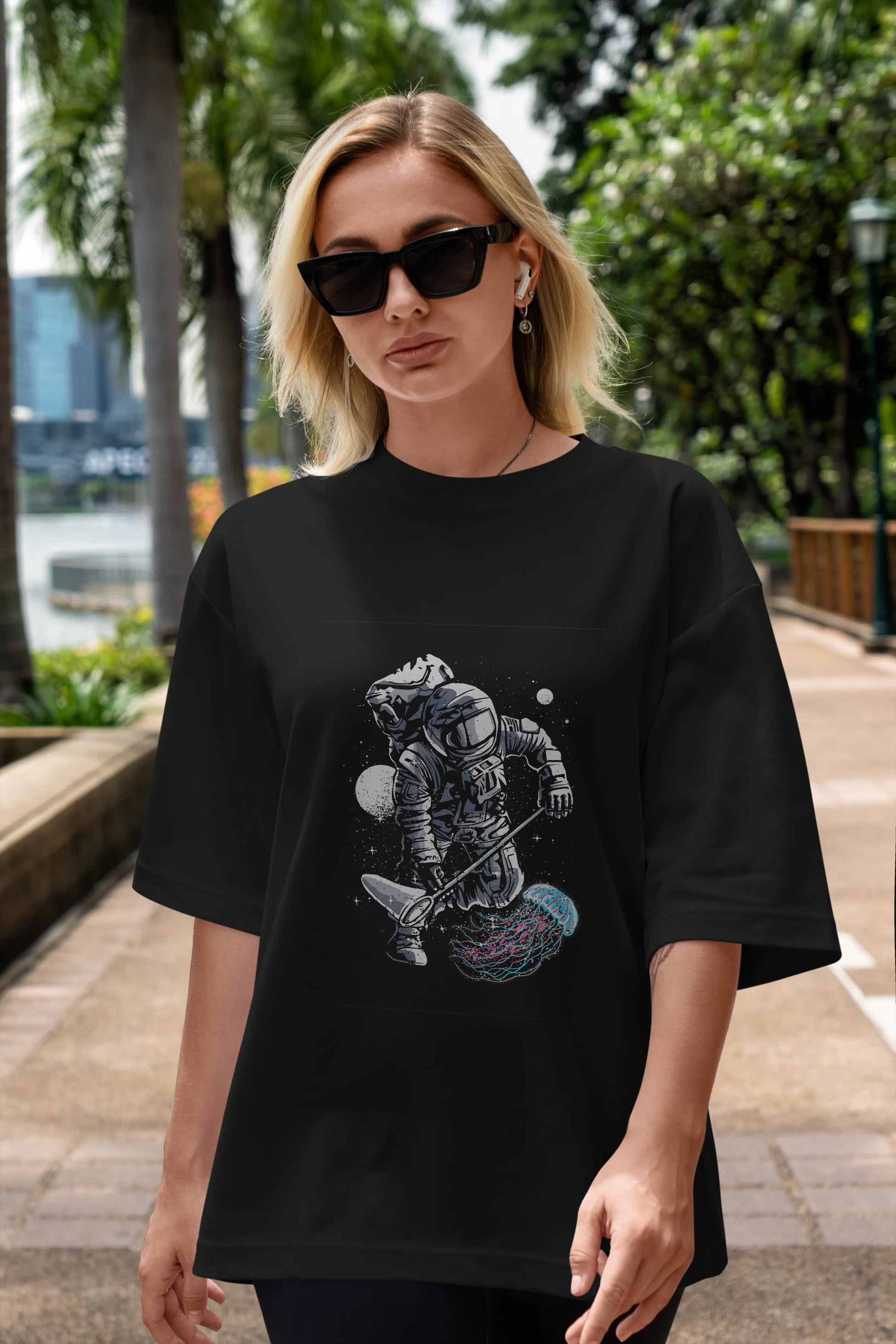 Astronaut Jellyfish Ön Baskılı Oversize t-shirt Erkek Kadın Unisex %100 Pamuk tişort