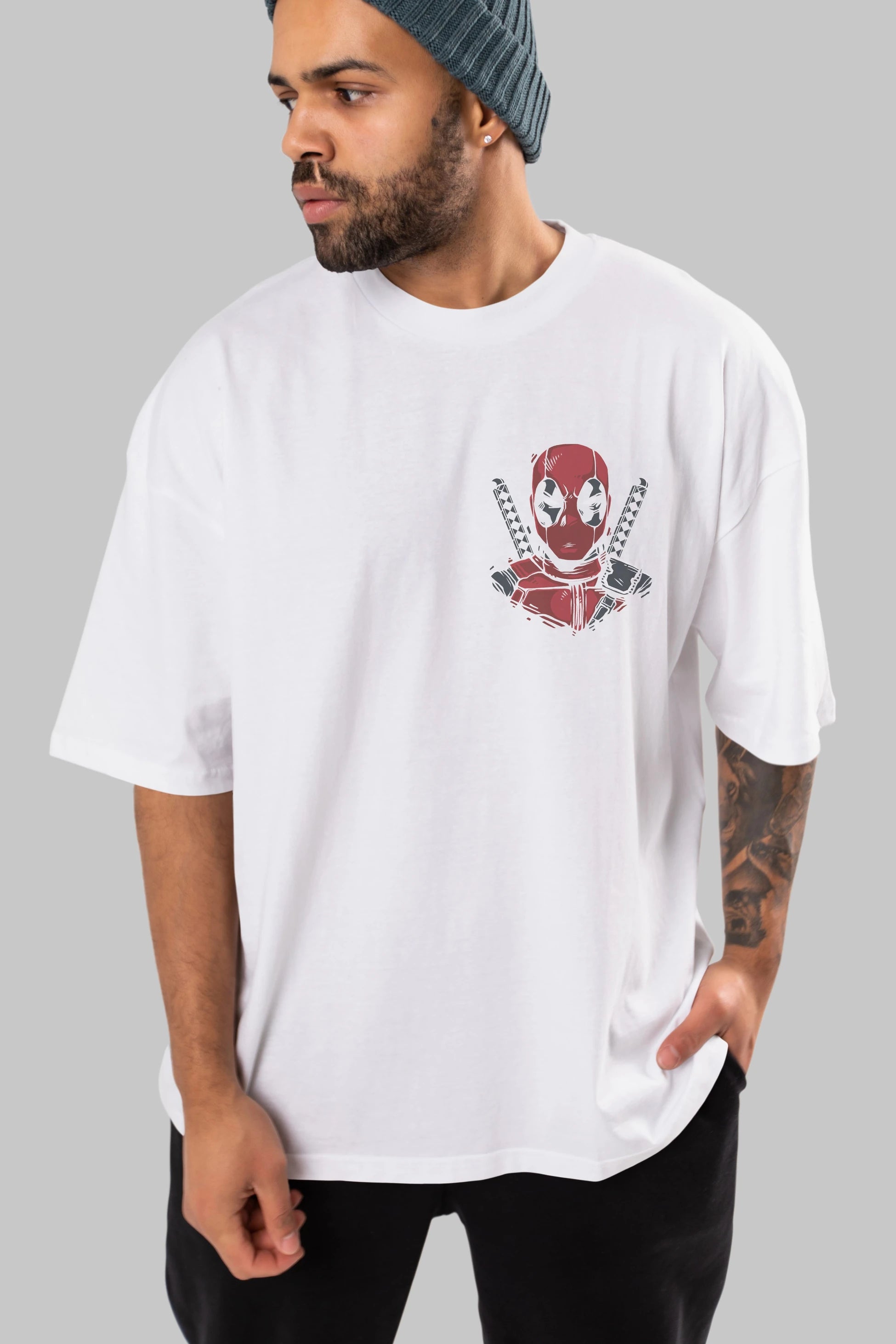 Deadpool (4) Ön Sol Baskılı Oversize t-shirt Erkek Kadın Unisex %100 Pamuk Bisiklet Yaka tişort