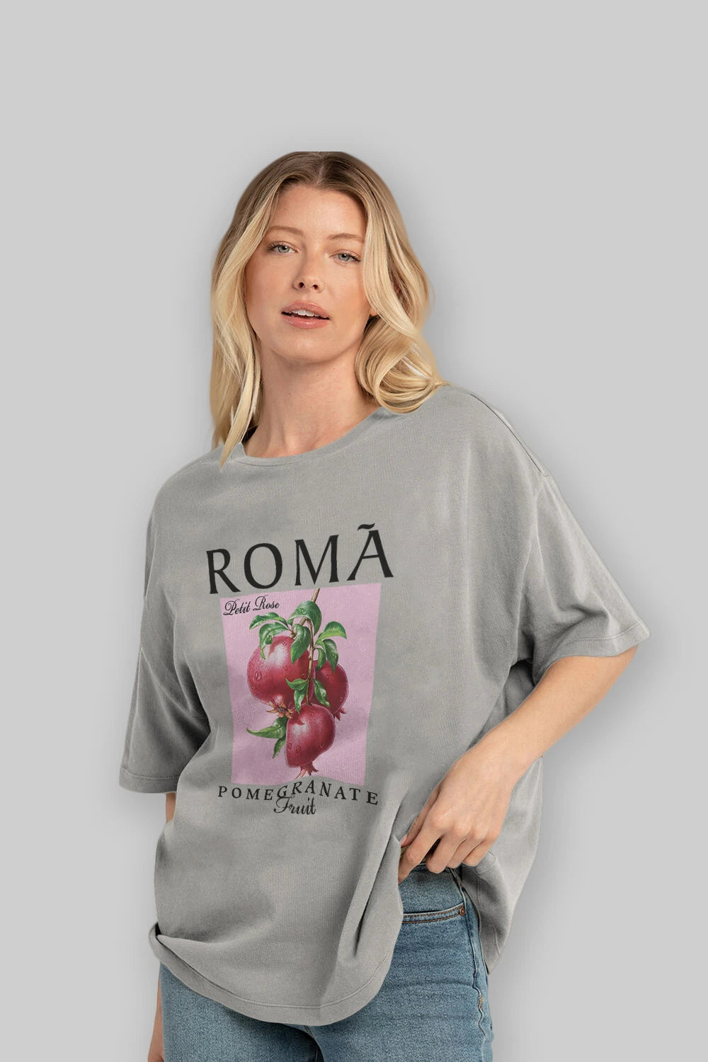 Roma Pomegranate Nar Ön Baskılı Oversize t-shirt Erkek Kadın Pamuk Bisiklet Yaka tişort