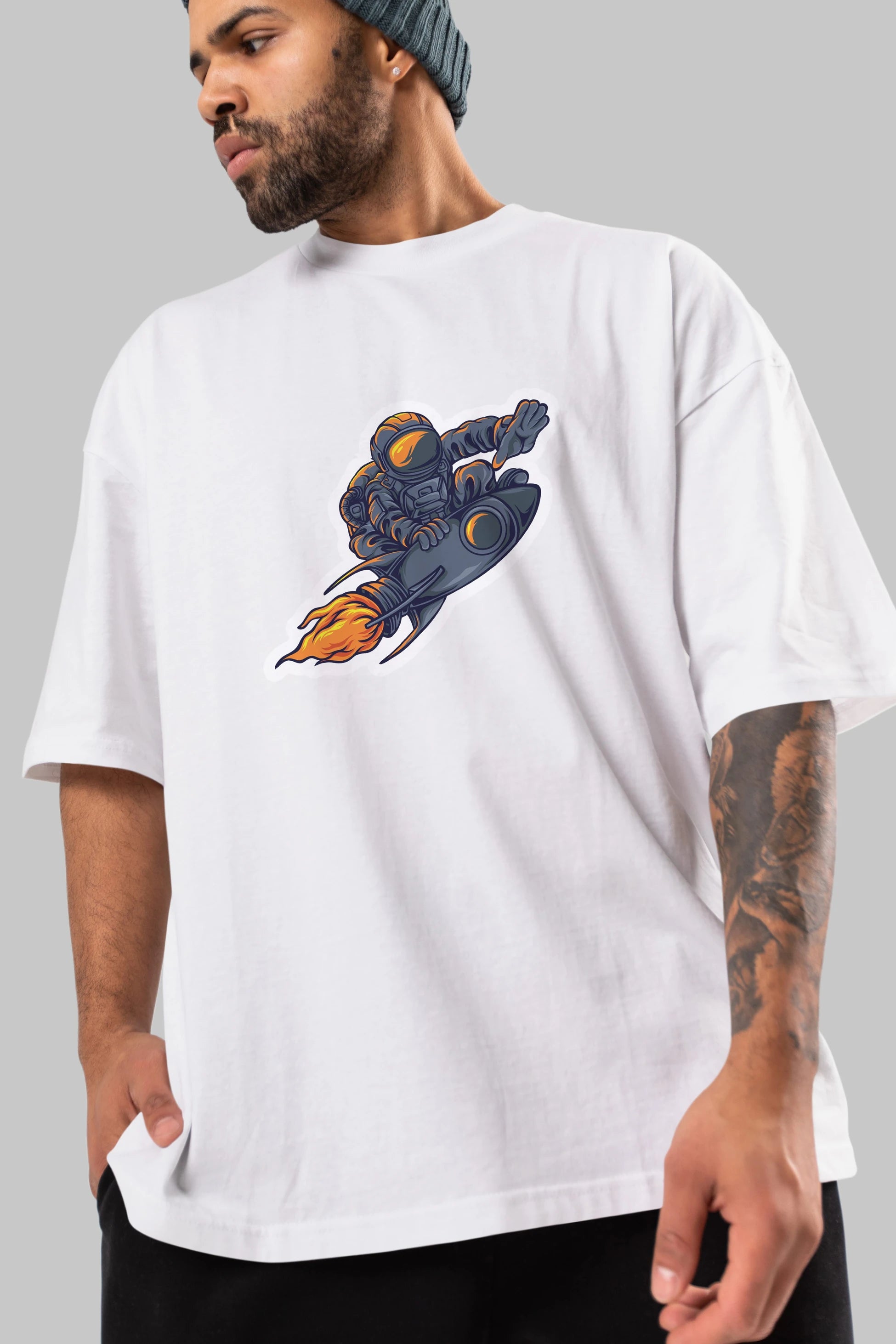 Astrocket Illustration Sticker Ön Baskılı Oversize t-shirt Erkek Kadın Unisex