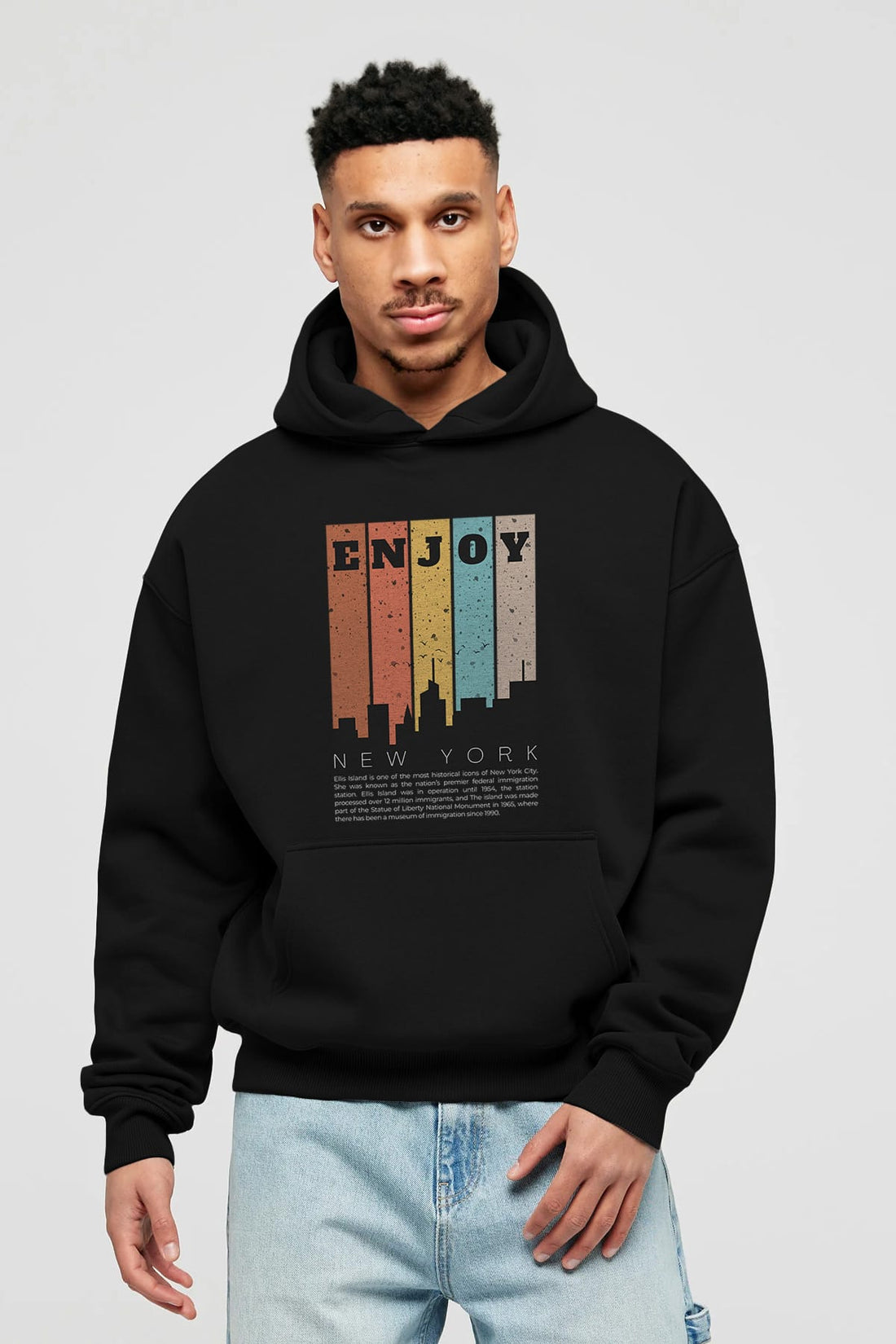 Enjoy New York Yazılı Ön Baskılı Oversize Hoodie Kapüşonlu Sweatshirt Erkek Kadın Unisex