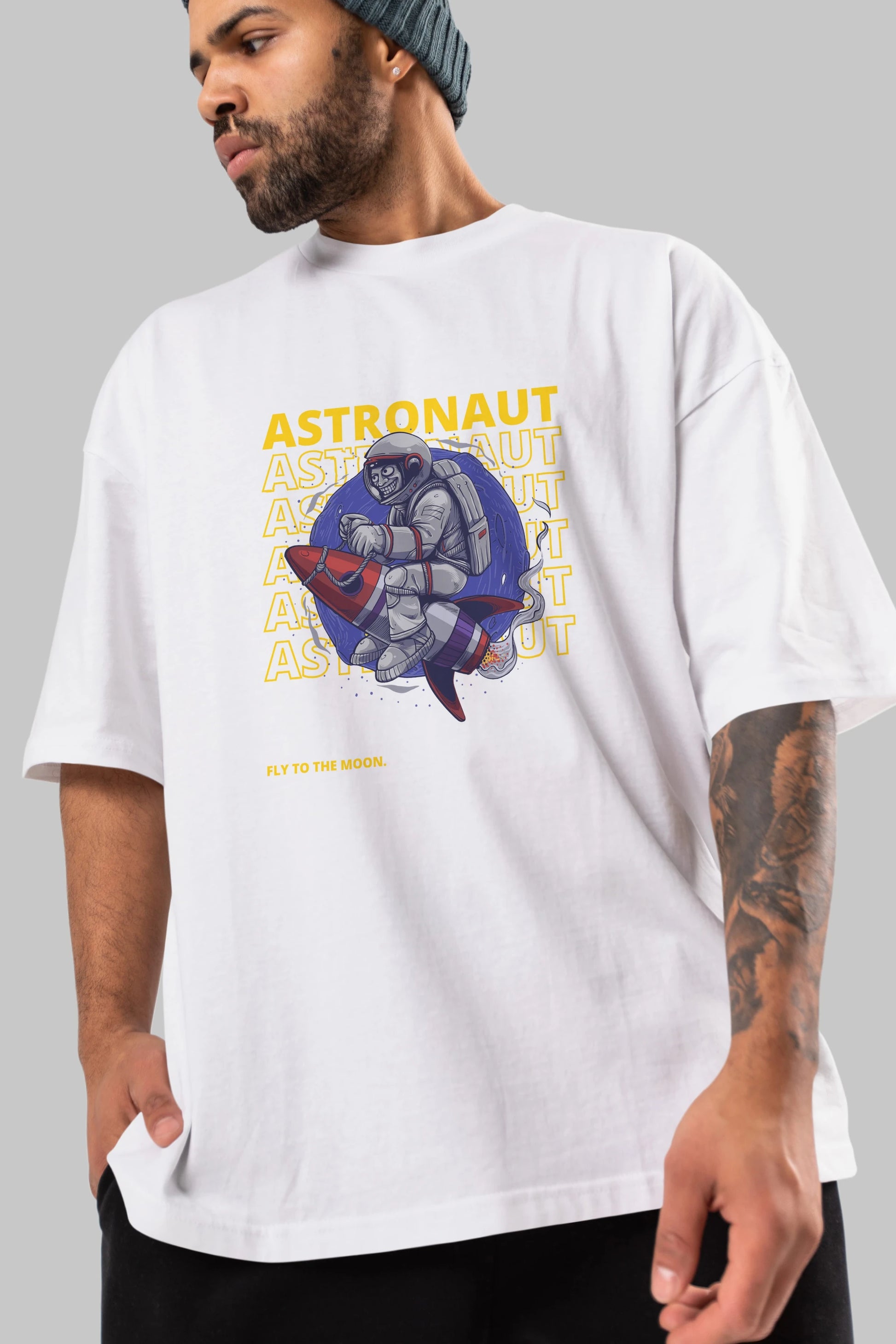 Astronaut Fly to the Moon Yazılı Ön Baskılı Oversize t-shirt Erkek Kadın Unisex