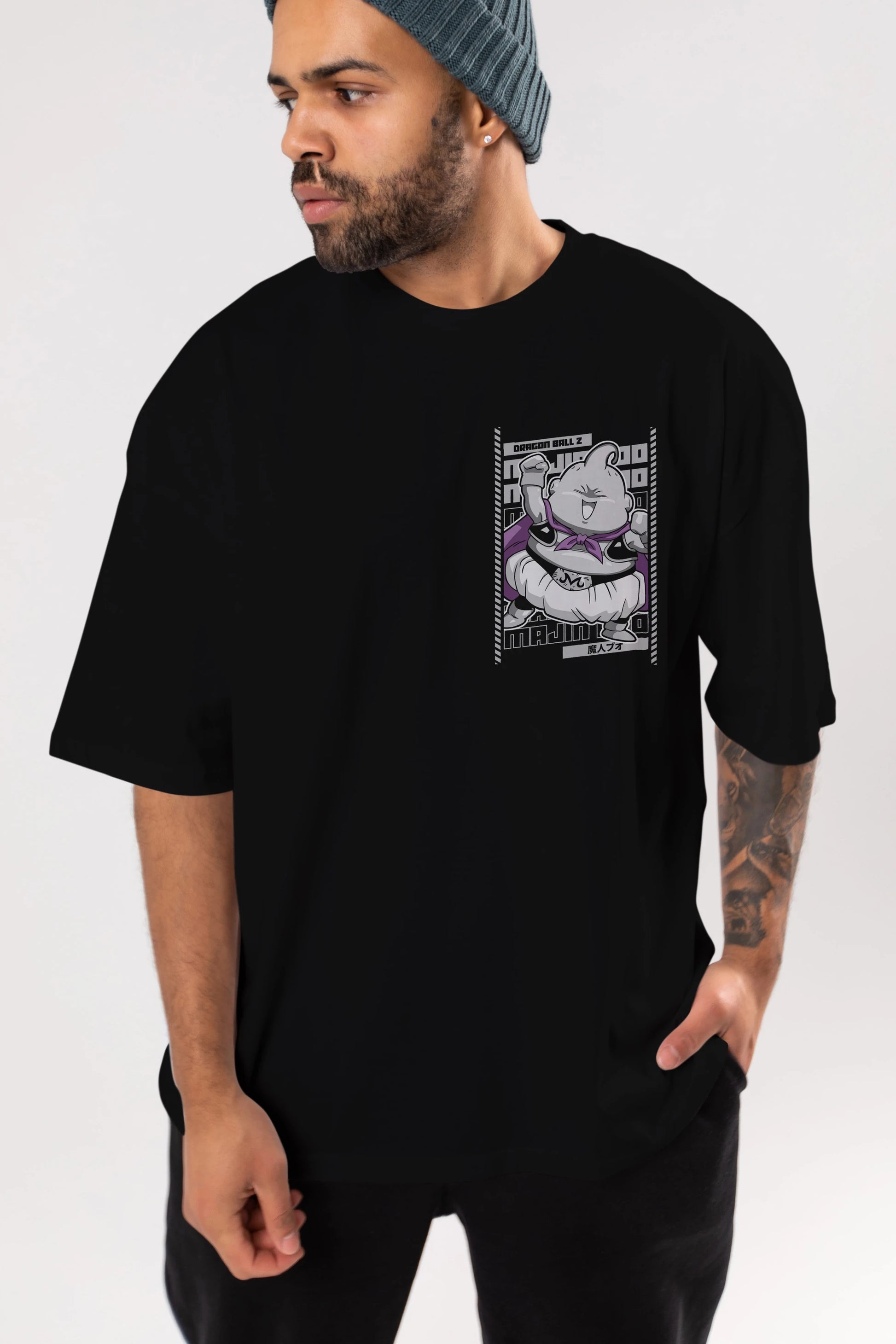 MAJIN BOO2 Ön Sol Baskılı Oversize t-shirt Erkek Kadın Unisex %100 Pamuk Bisiklet Yaka tişort