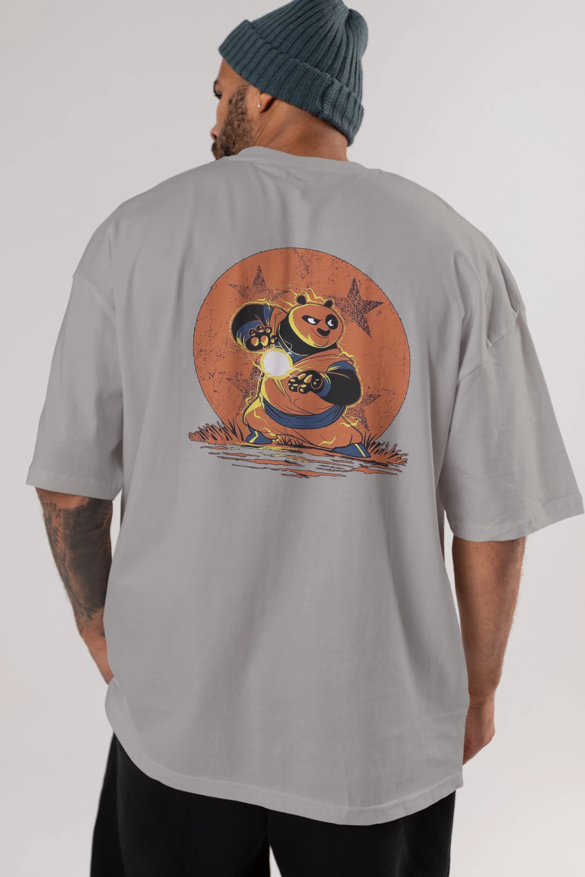 Kung Fu Panda Arka Baskılı Oversize t-shirt Erkek Kadın Unisex %100 Pamuk Bisiklet Yaka tişort