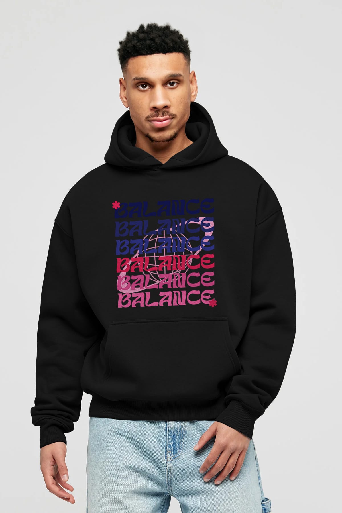 Balance Yazılı Ön Baskılı Oversize Hoodie Kapüşonlu Sweatshirt Erkek Kadın Unisex