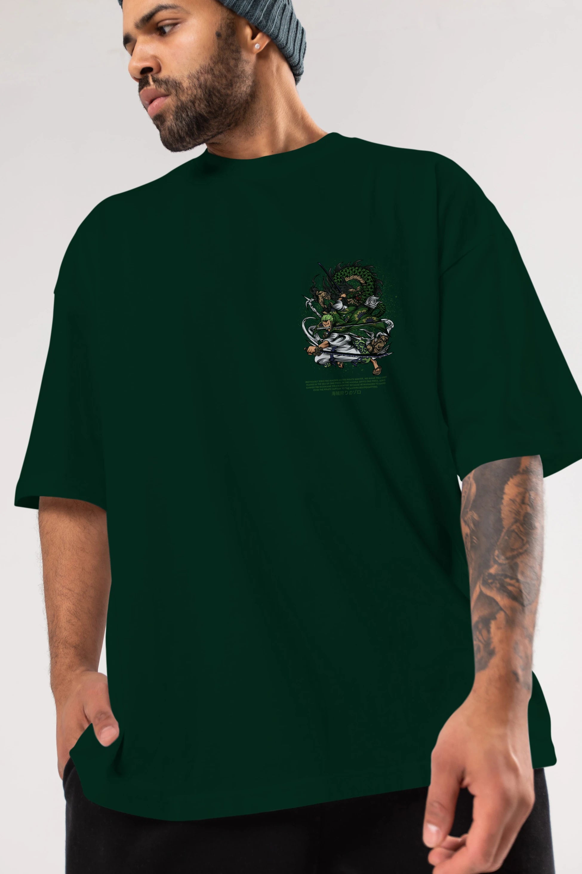 Zoro-ONE PIECE Ön Sol Baskılı Oversize t-shirt Erkek Kadın Unisex %100 Pamuk Bisiklet Yaka tişort
