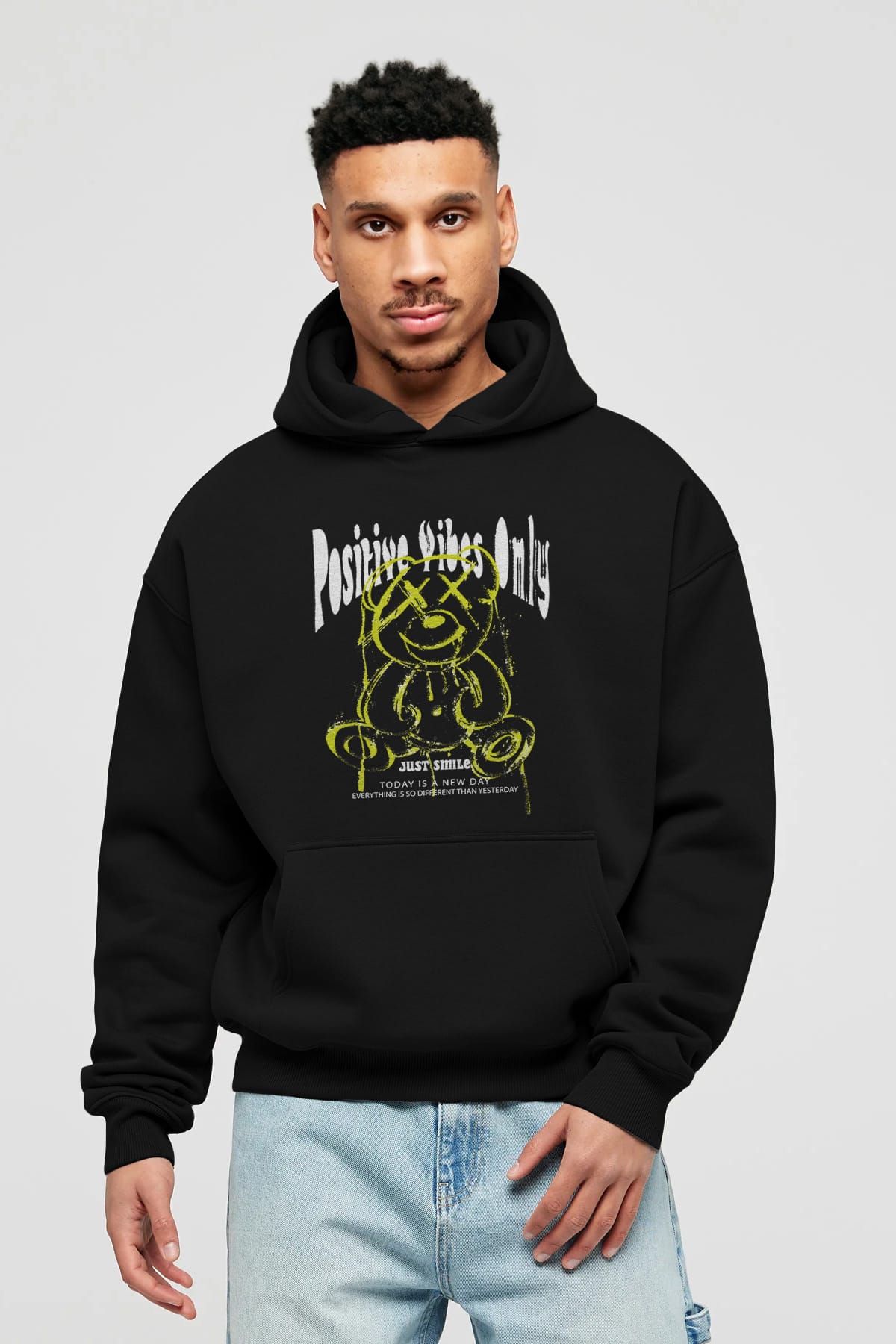 Positive Vibes Only Bear Ön Baskılı Hoodie Oversize Kapüşonlu Sweatshirt Erkek Kadın Unisex