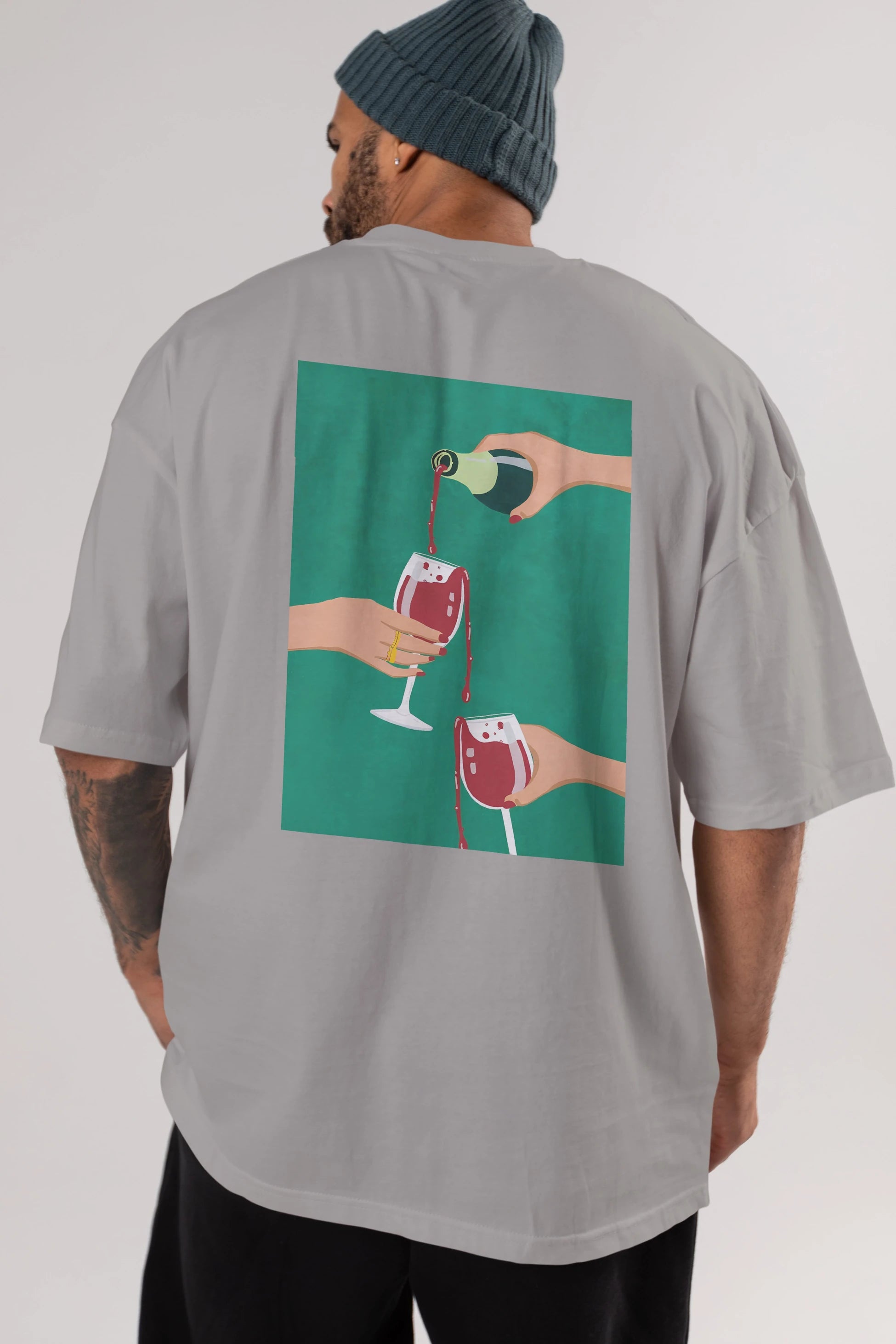 Wine 2 Arka Baskılı Oversize t-shirt Erkek Kadın Unisex %100 Pamuk Bisiklet Yaka tişort