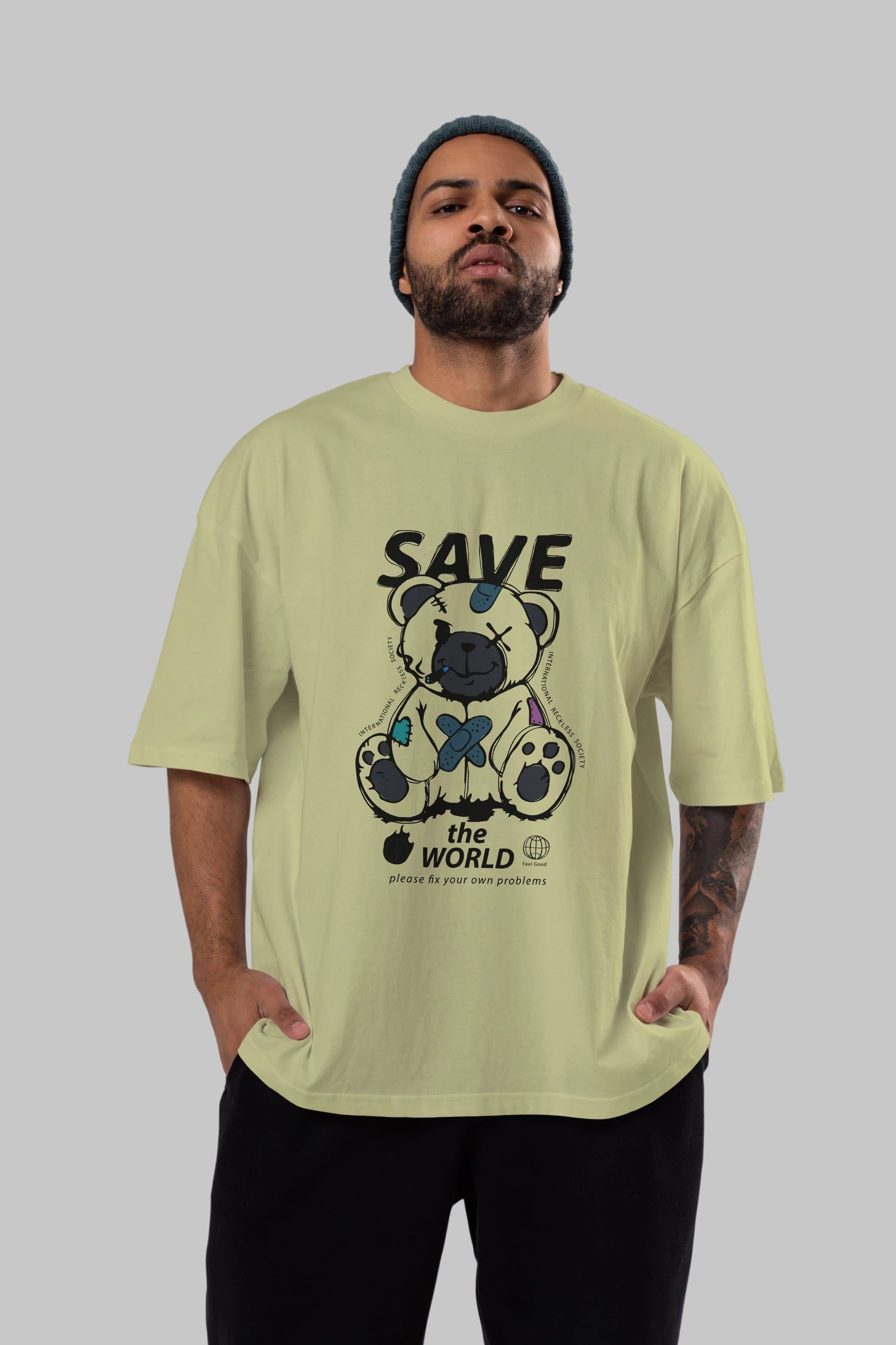 Save the World Bear Ön Baskılı Oversize t-shirt Erkek Kadın Unisex