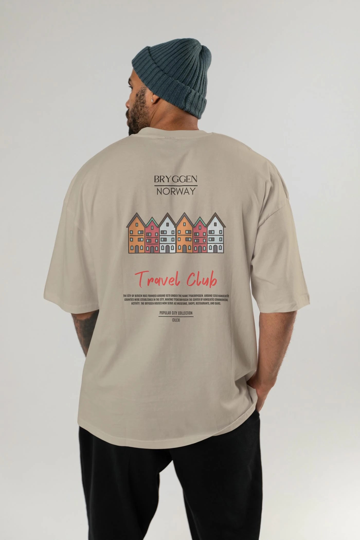 Bryggen Norway Arka Baskılı Oversize t-shirt Erkek Kadın Pamuk Bisiklet Yaka tişort