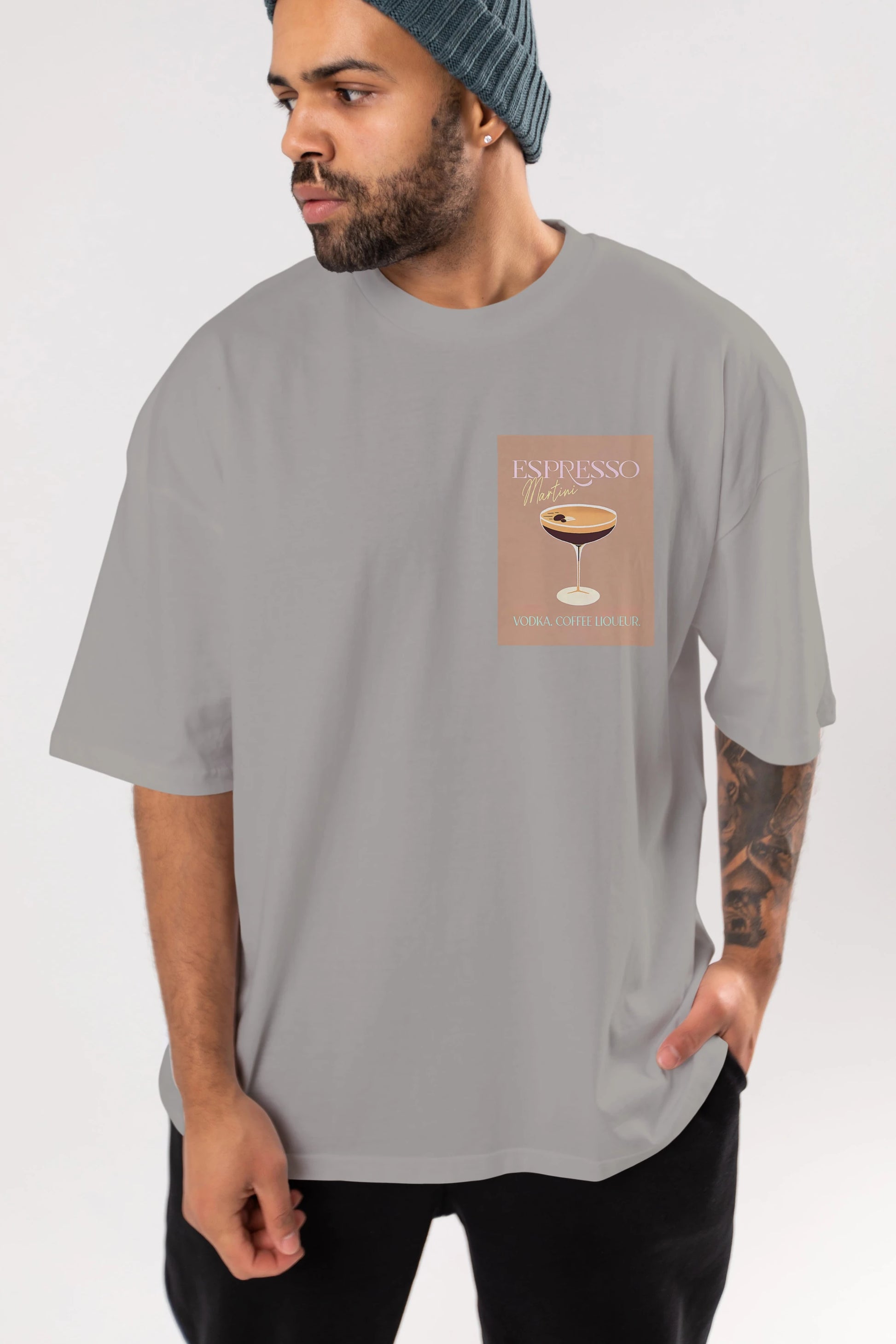 Espresso Martini Cocktail Ön Sol Baskılı Oversize t-shirt Erkek Kadın Unisex %100 Pamuk Bisiklet Yaka tişort