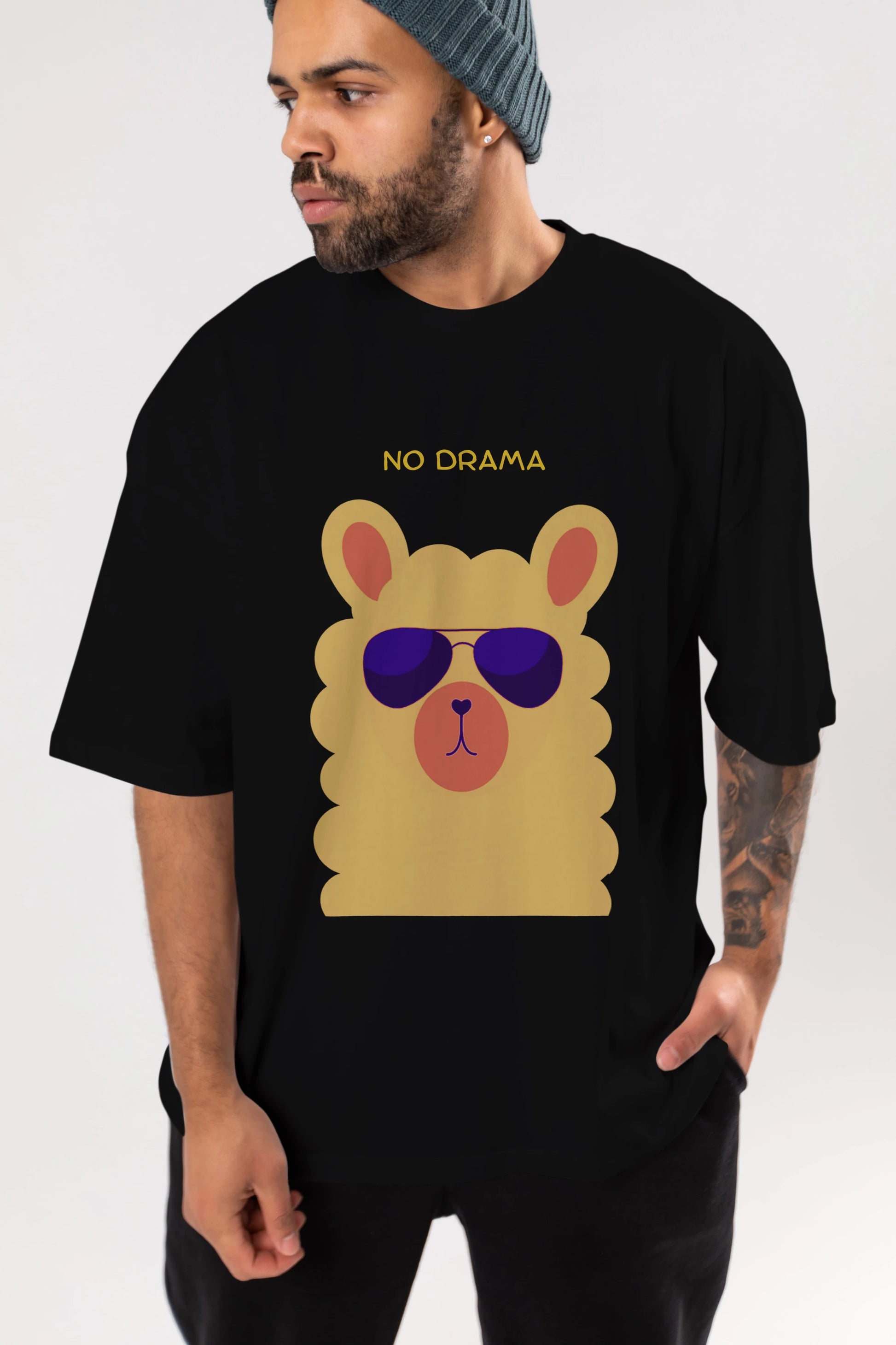 No Drama Yazılı Lama Ön Baskılı Oversize t-shirt Erkek Kadın Unisex