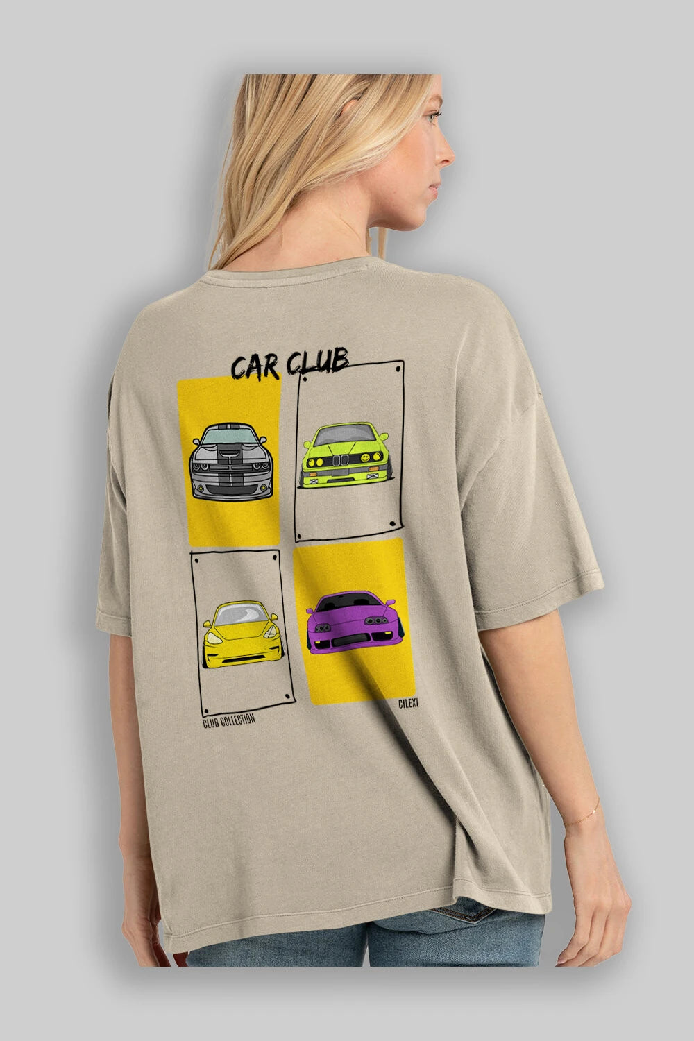 Car Club Arka Baskılı Oversize t-shirt Erkek Kadın %100 Pamuk Bisiklet Yaka tişort