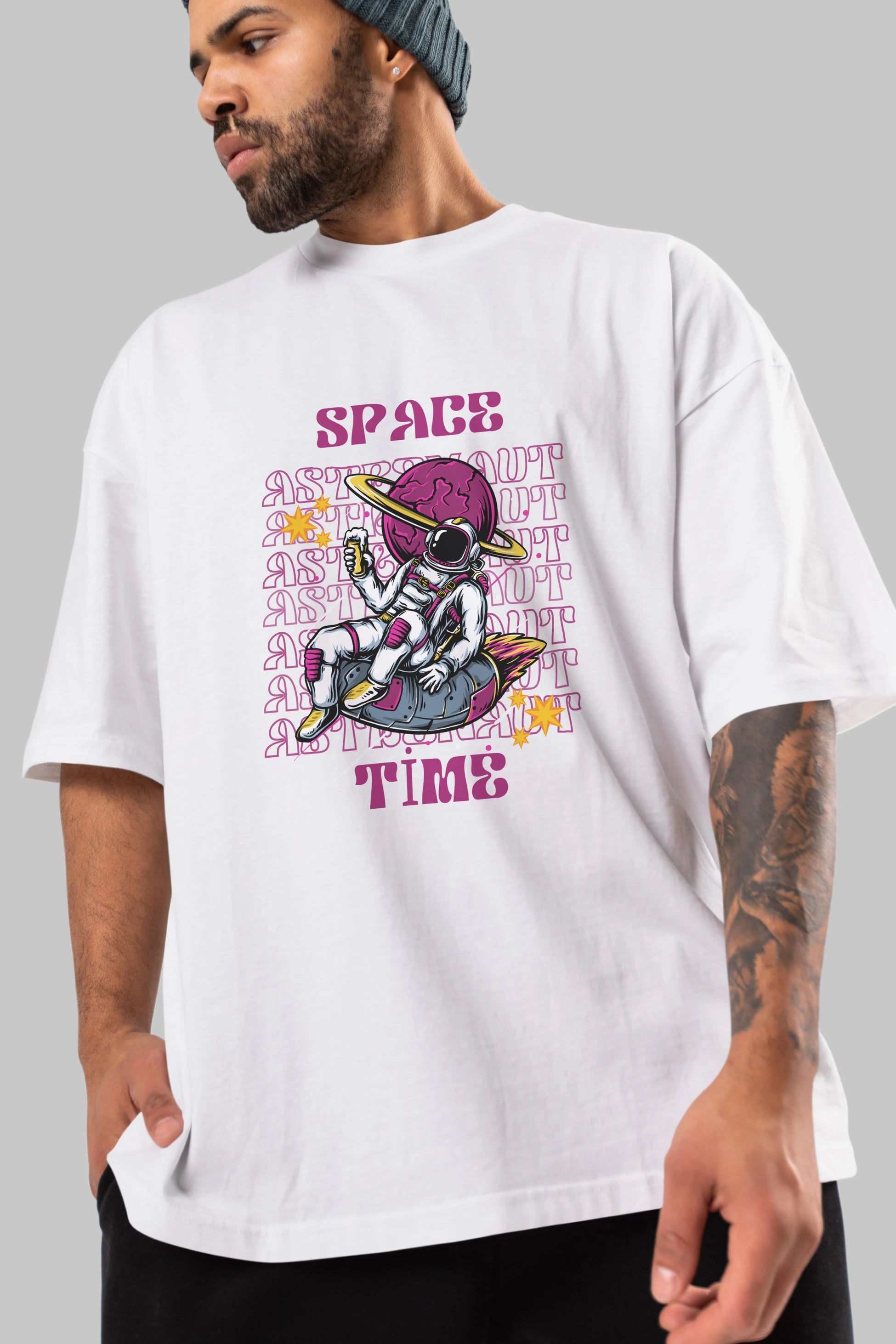 Space Time Astronaut Yazılı Ön Baskılı Oversize t-shirt Erkek Kadın Unisex