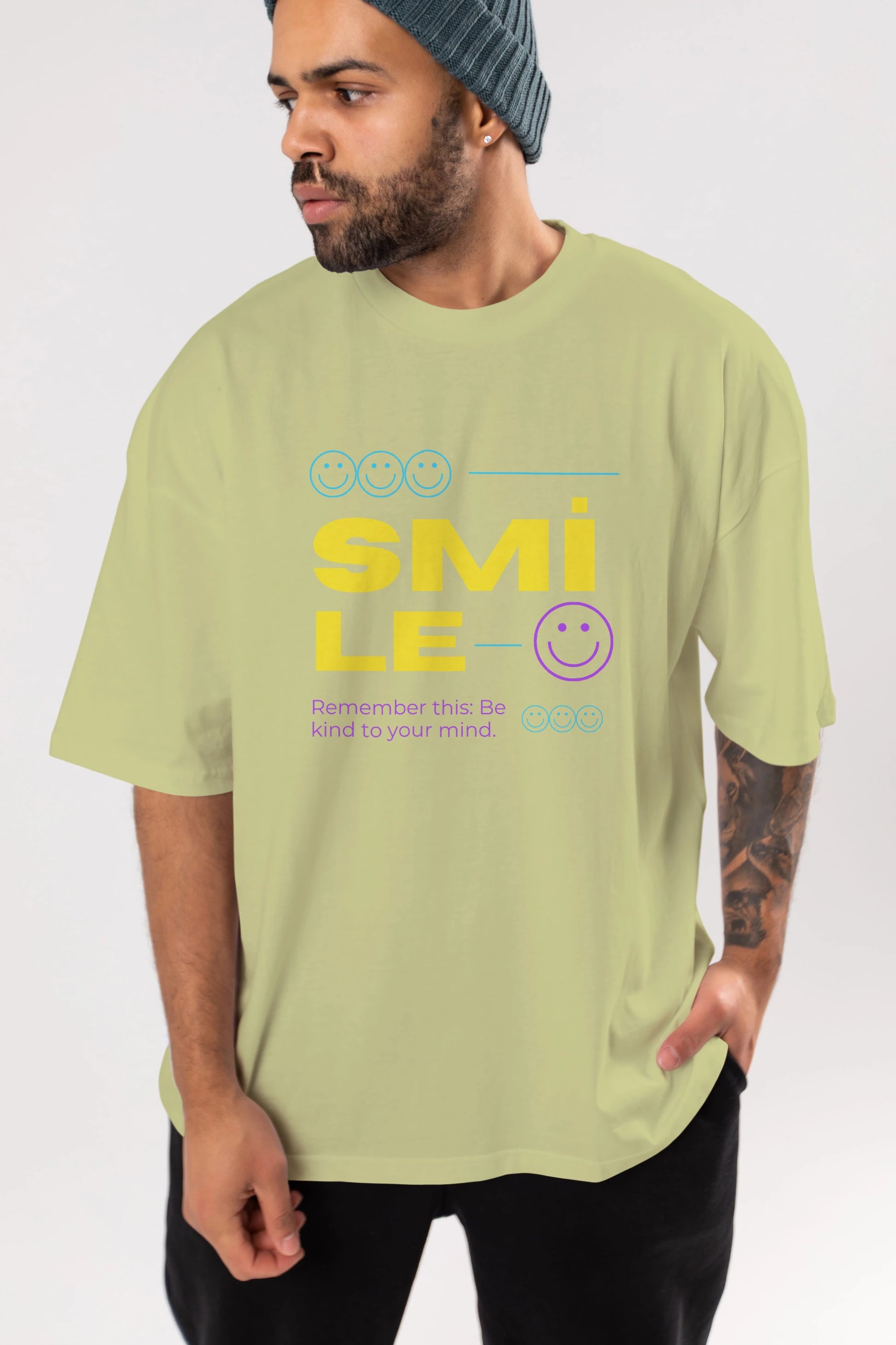 Smile Yazılı 2 Ön Baskılı Oversize t-shirt Erkek Kadın Unisex