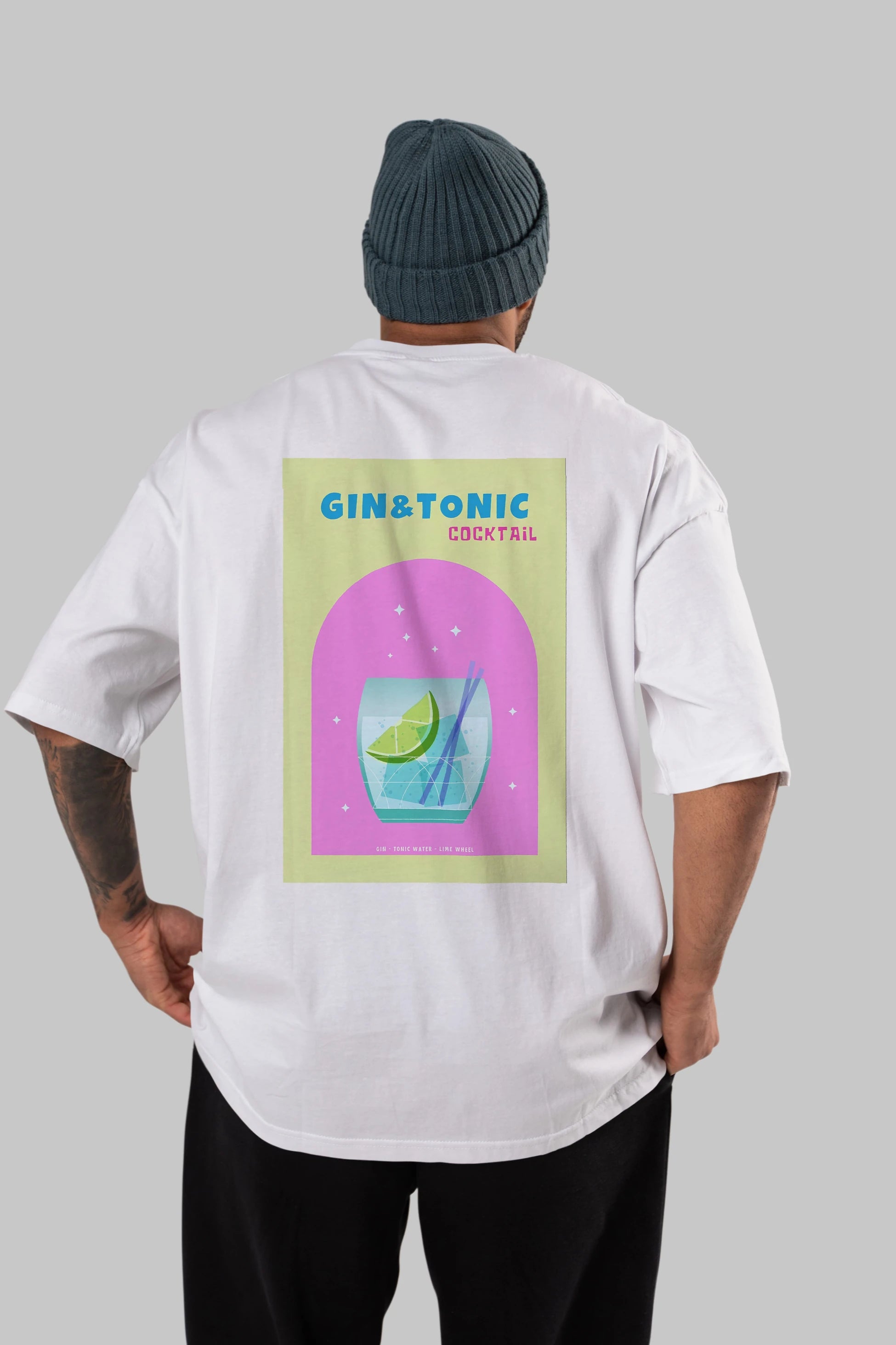 Gin Tonic Cocktail Arka Baskılı Oversize t-shirt Erkek Kadın Unisex %100 Pamuk Bisiklet Yaka tişort