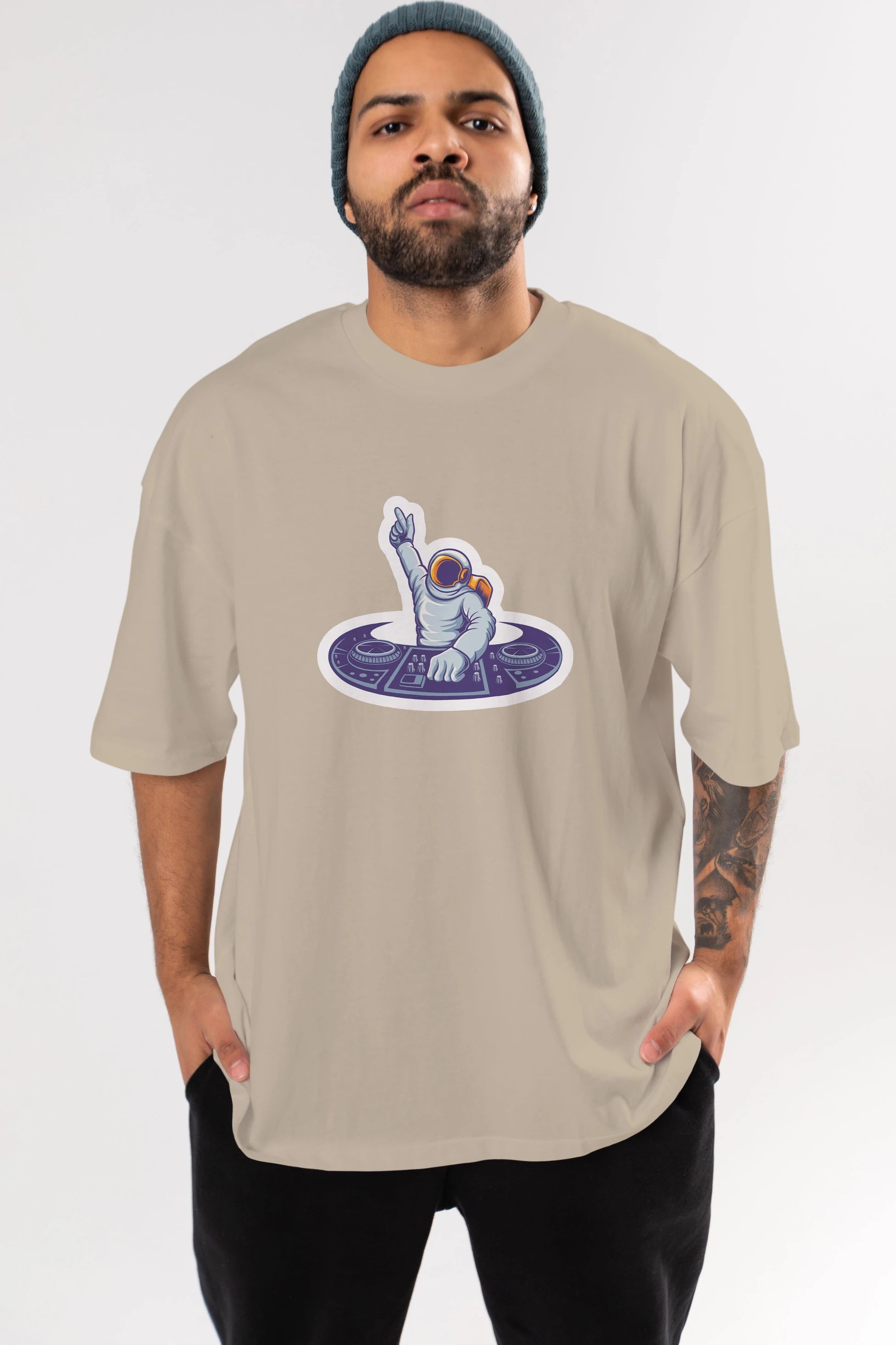 Astronaut Disk Jockey Party Sticker Ön Baskılı Oversize t-shirt Erkek Kadın Unisex