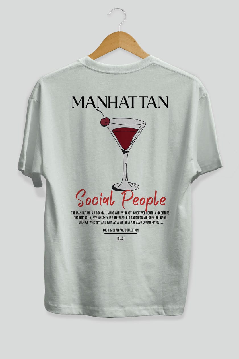 Manhattan Kokteyl Serisi Baskılı Oversize t-shirt Erkek Kadın Unisex %100 Pamuk Bisiklet Yaka tişort