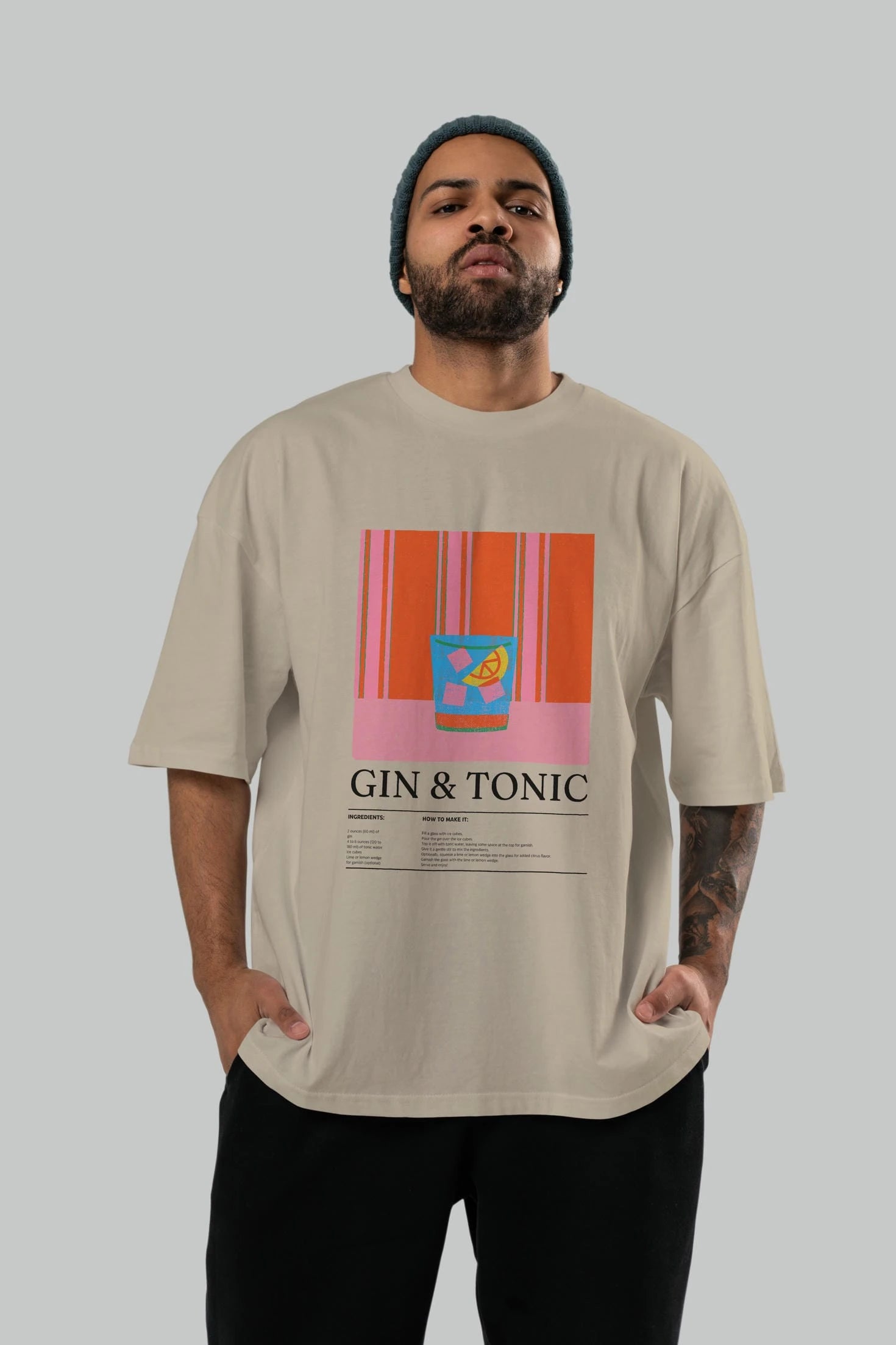 Gin tonic Kokteyl Ön Baskılı Oversize t-shirt Erkek Kadın %100 Pamuk Bisiklet Yaka tişort