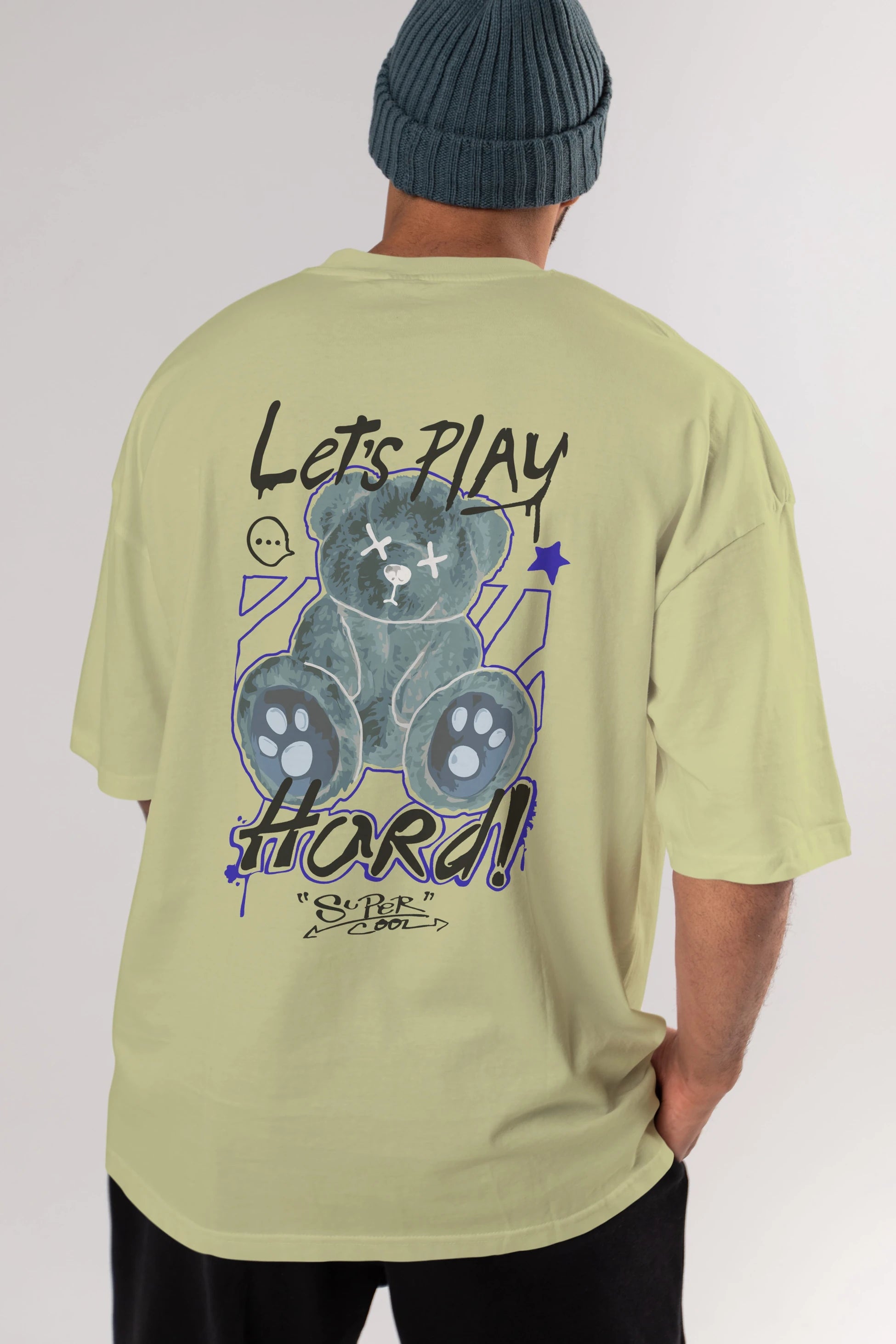 Lets Play Hard Bear Arka Baskılı Oversize t-shirt Erkek Kadın Unisex