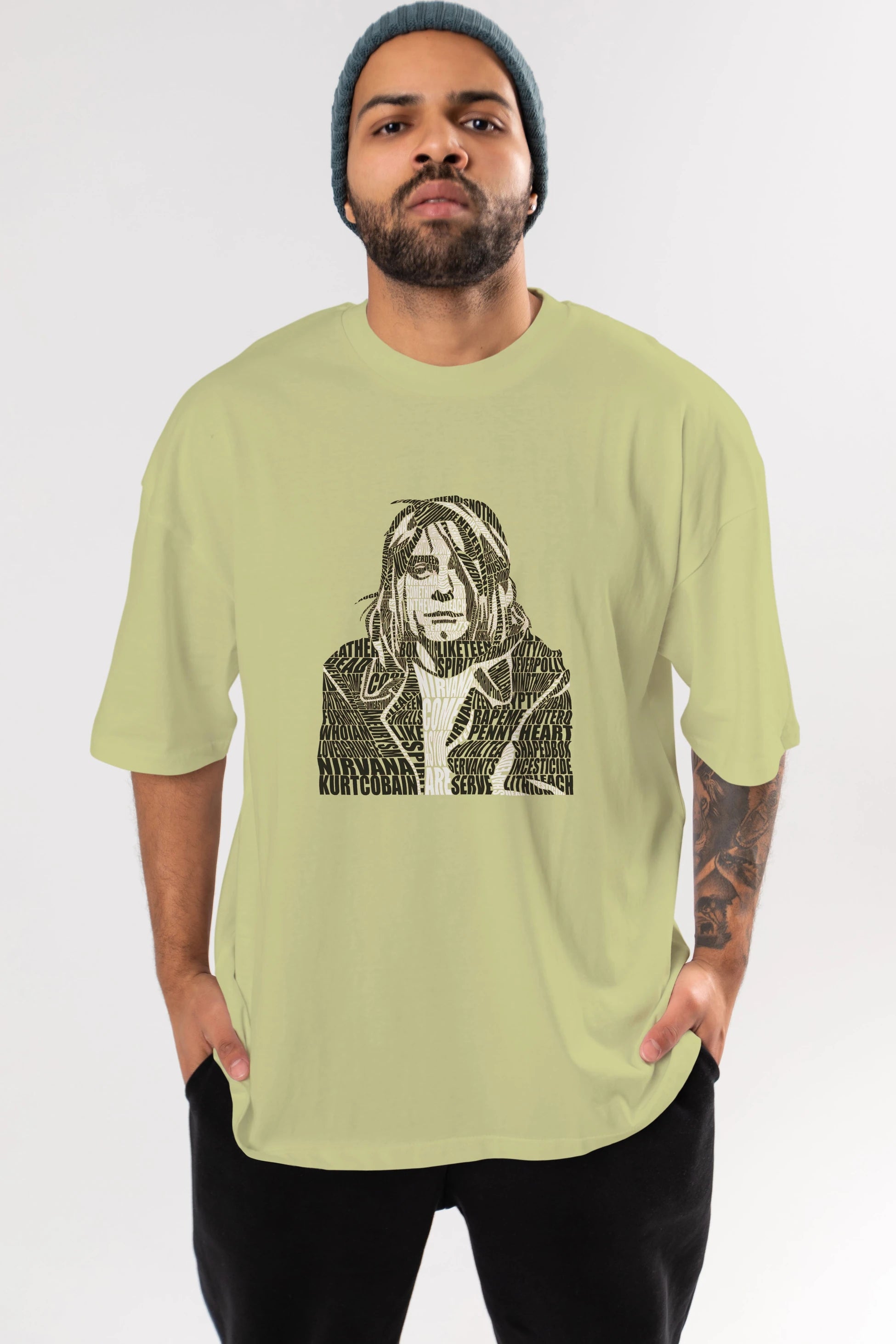 Kurt Cobain Calligram Ön Baskılı Oversize t-shirt %100 pamuk Erkek Kadın Unisex