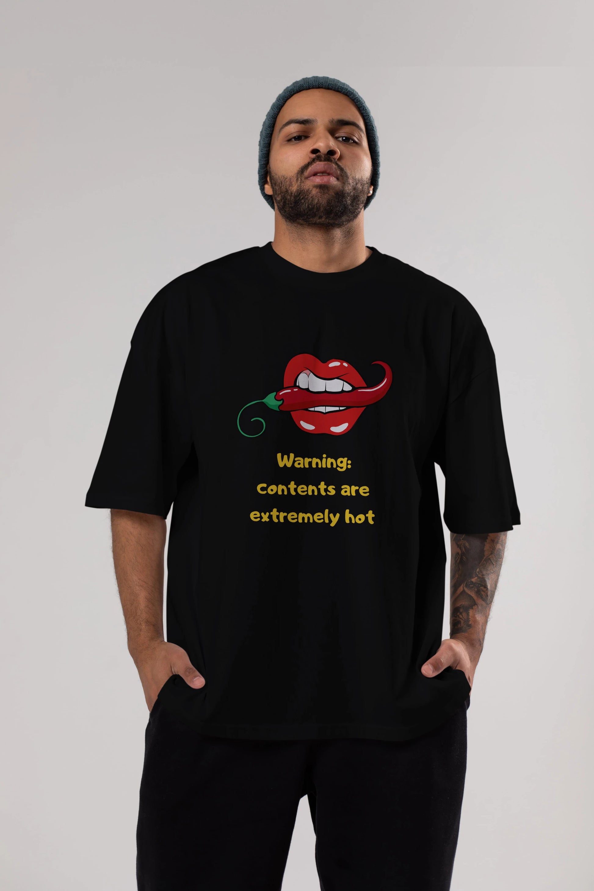 Warning Contents Yazılı Ön Baskılı Oversize t-shirt Erkek Kadın Unisex
