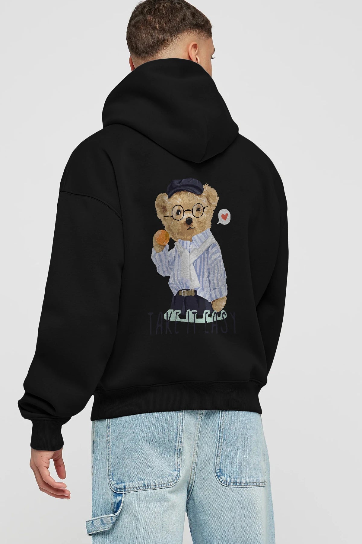 Teddy Bear Take it Easy Arka Baskılı Hoodie Oversize Kapüşonlu Sweatshirt Erkek Kadın Unisex