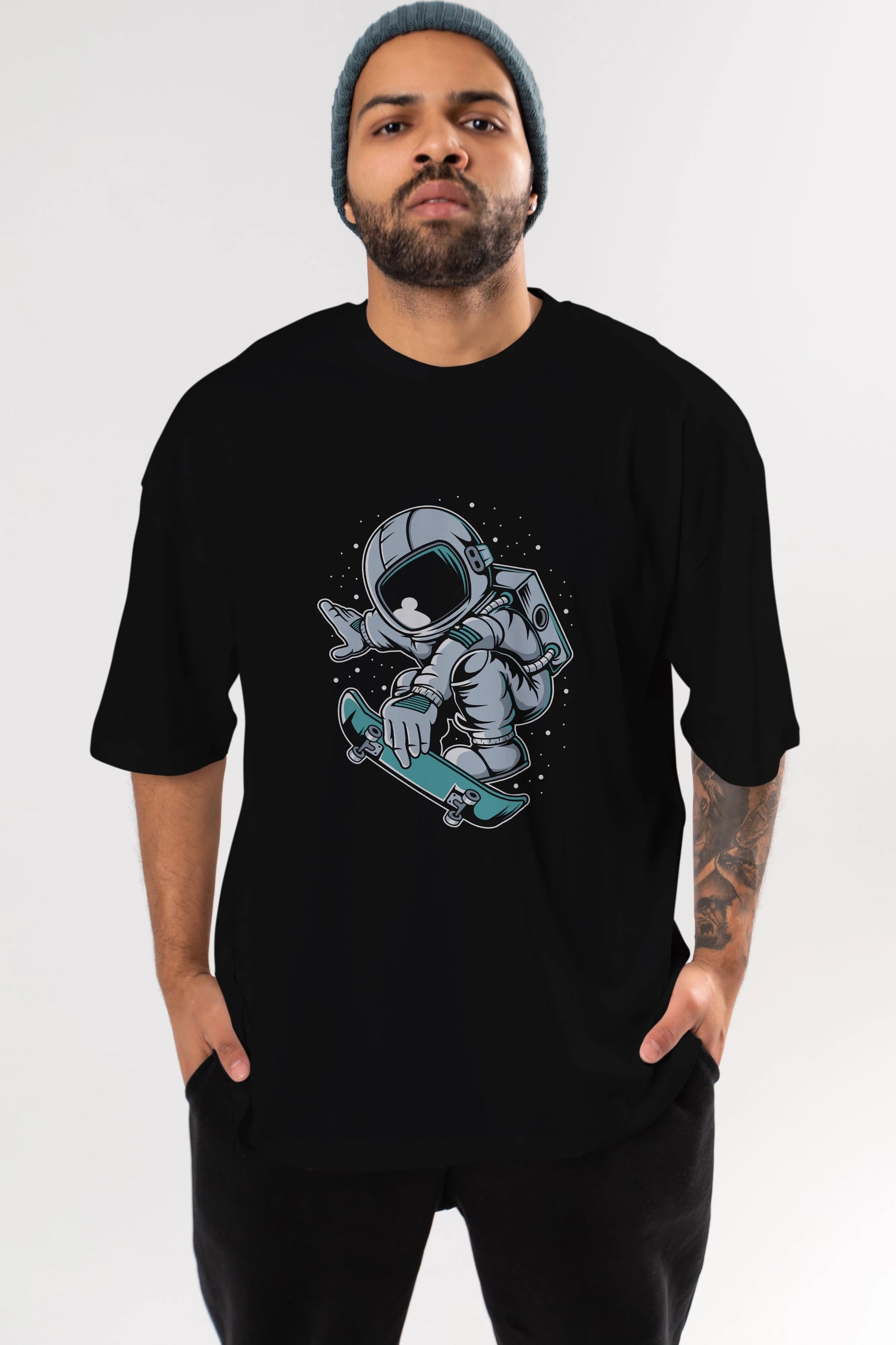 Astronaut Skateboard Jump Ön Baskılı Oversize t-shirt Erkek Kadın Unisex