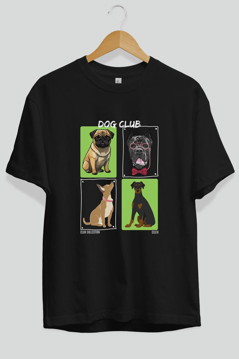 Dog Club ön Baskılı Oversize t-shirt Erkek Kadın %100 Pamuk Bisiklet Yaka tişort