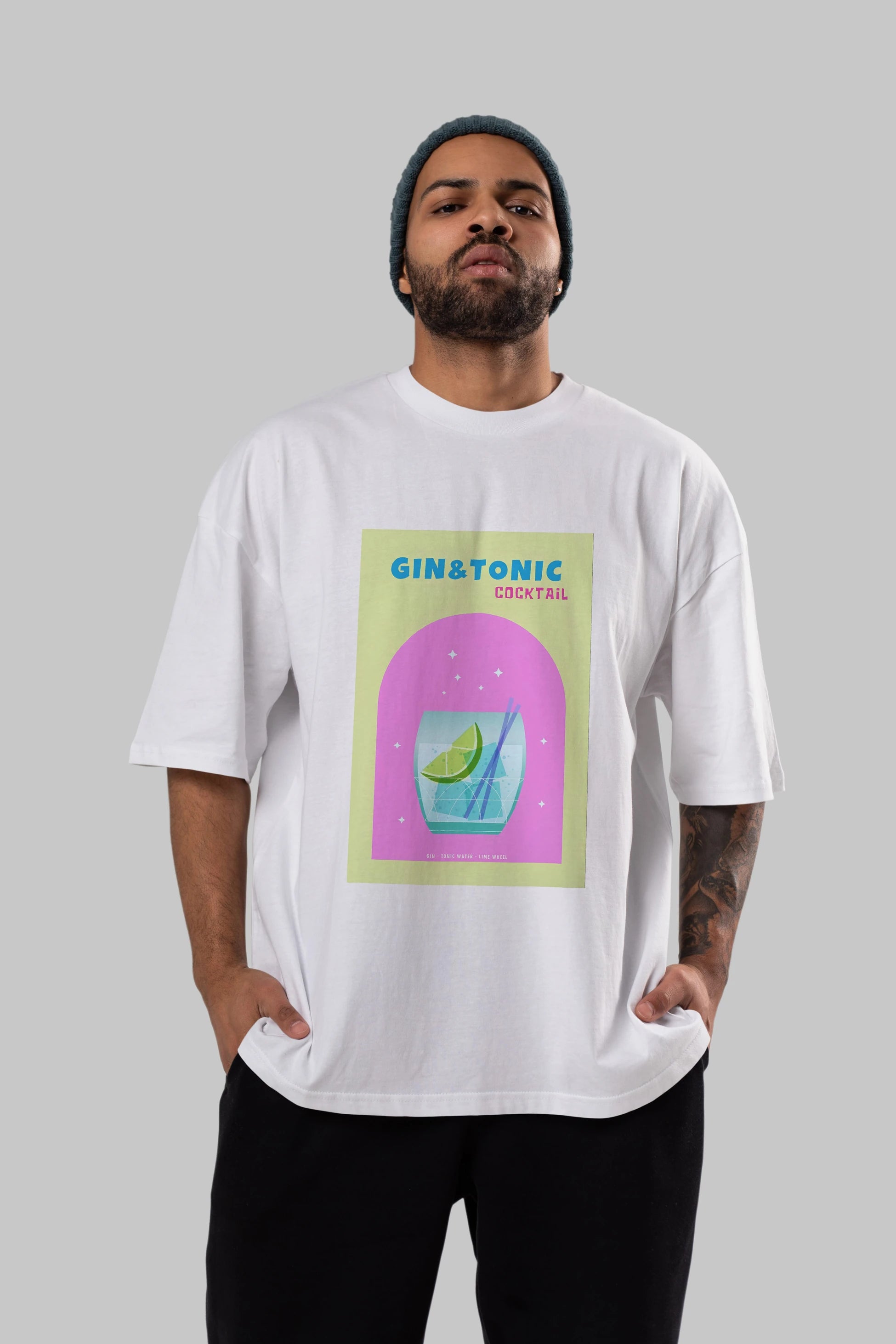 Gin Tonic Cocktail Ön Baskılı Oversize t-shirt Erkek Kadın Unisex %100 Pamuk Bisiklet Yaka tişort