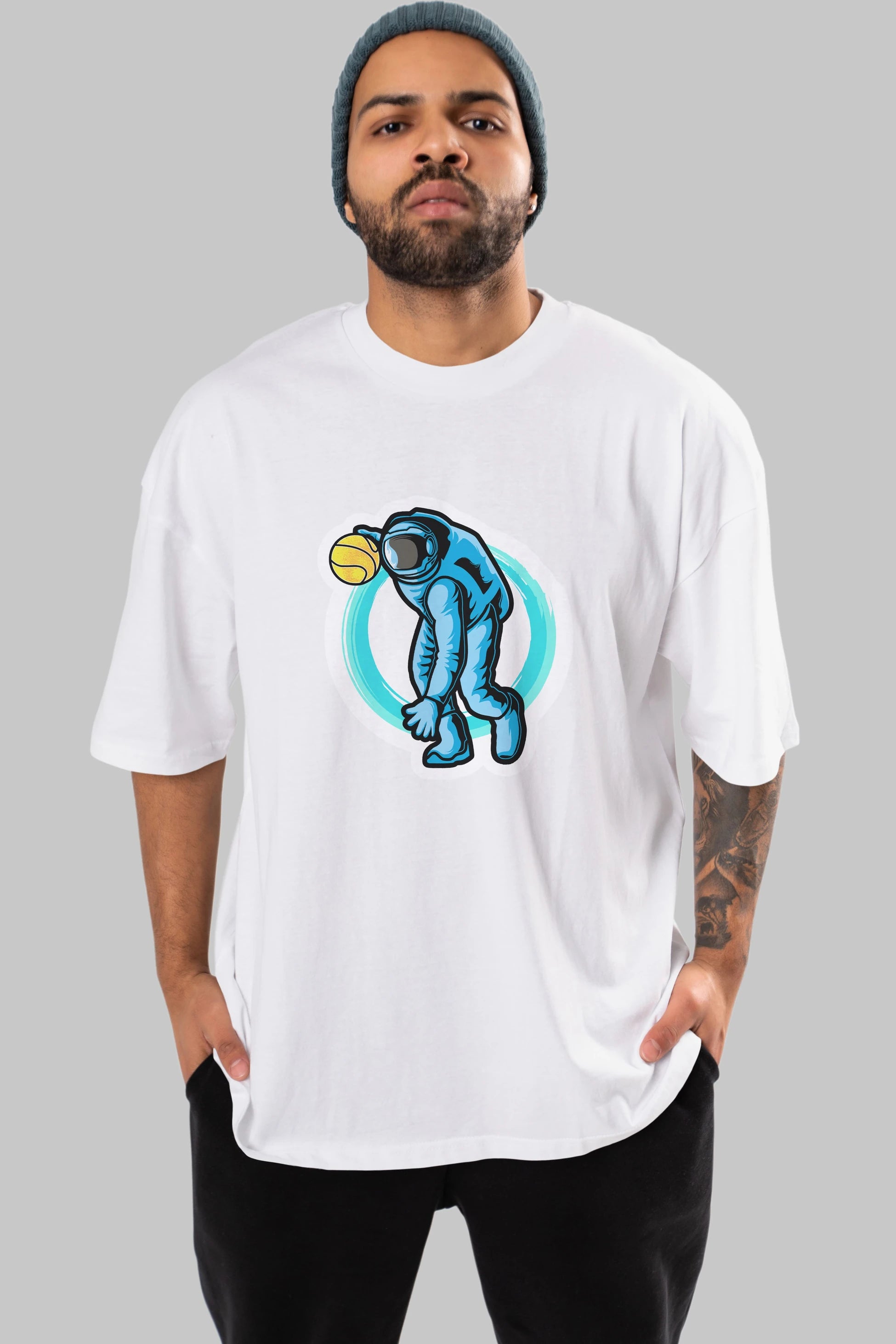 Astronaut Dribble Sticker Ön Baskılı Oversize t-shirt Erkek Kadın Unisex