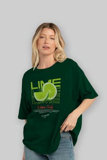 Lime Kokteyl Serisi ön Baskılı Oversize t-shirt Erkek Kadın %100 Pamuk Bisiklet Yaka tişort