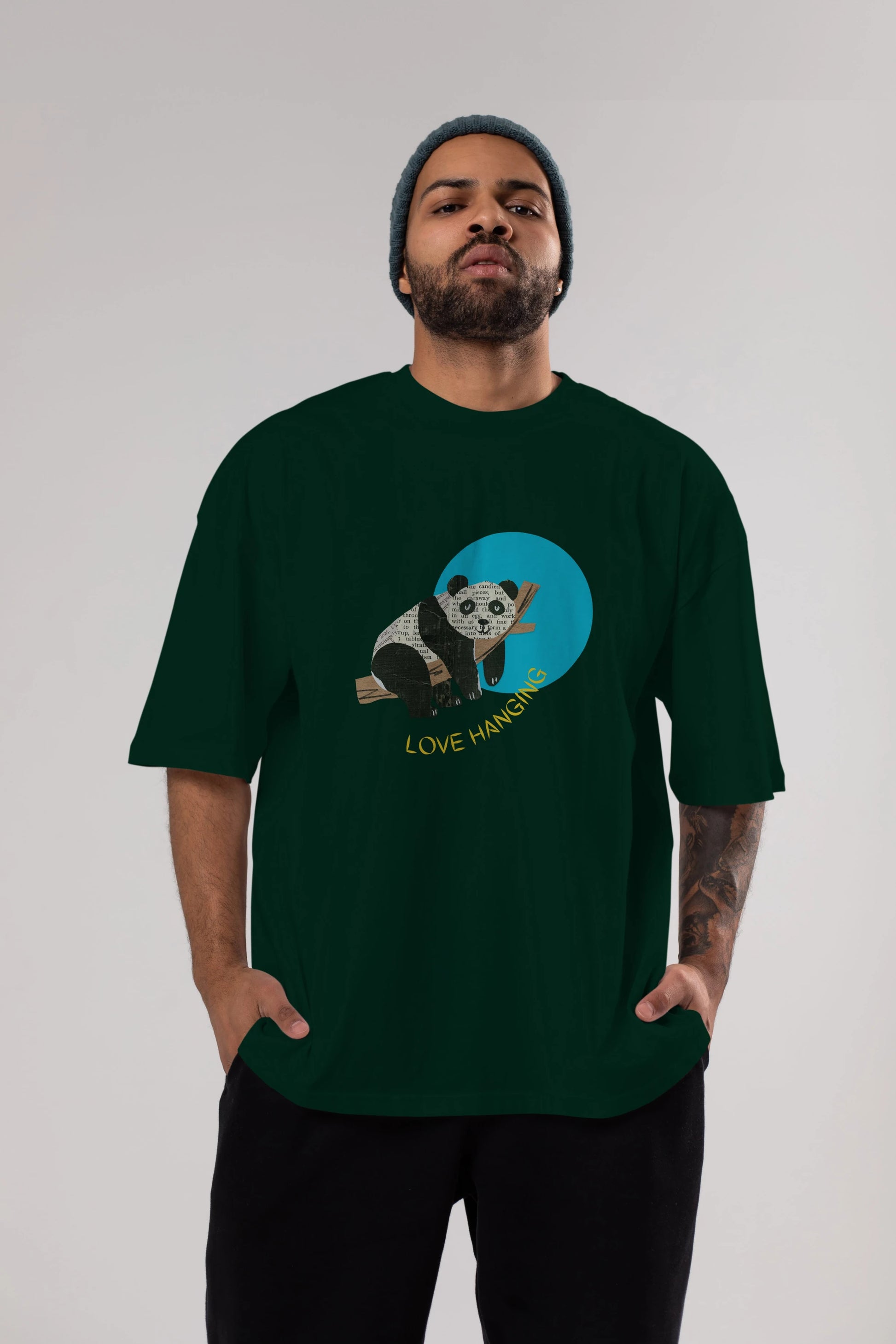 Panda Love Hanging Ön Baskılı Oversize t-shirt Erkek Kadın Unisex