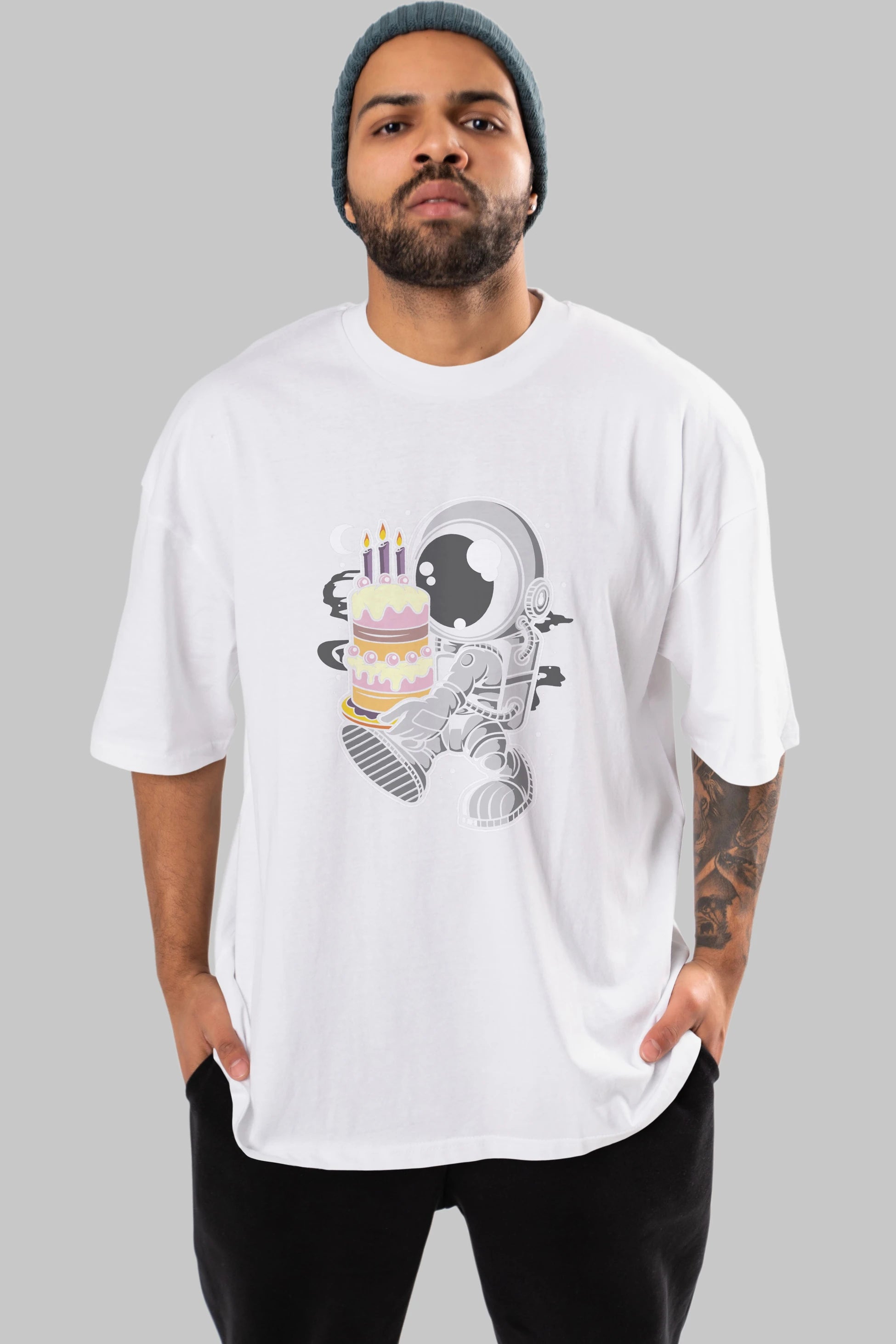 Astronaut Birthday Cake Ön Baskılı Oversize t-shirt Erkek Kadın Unisex