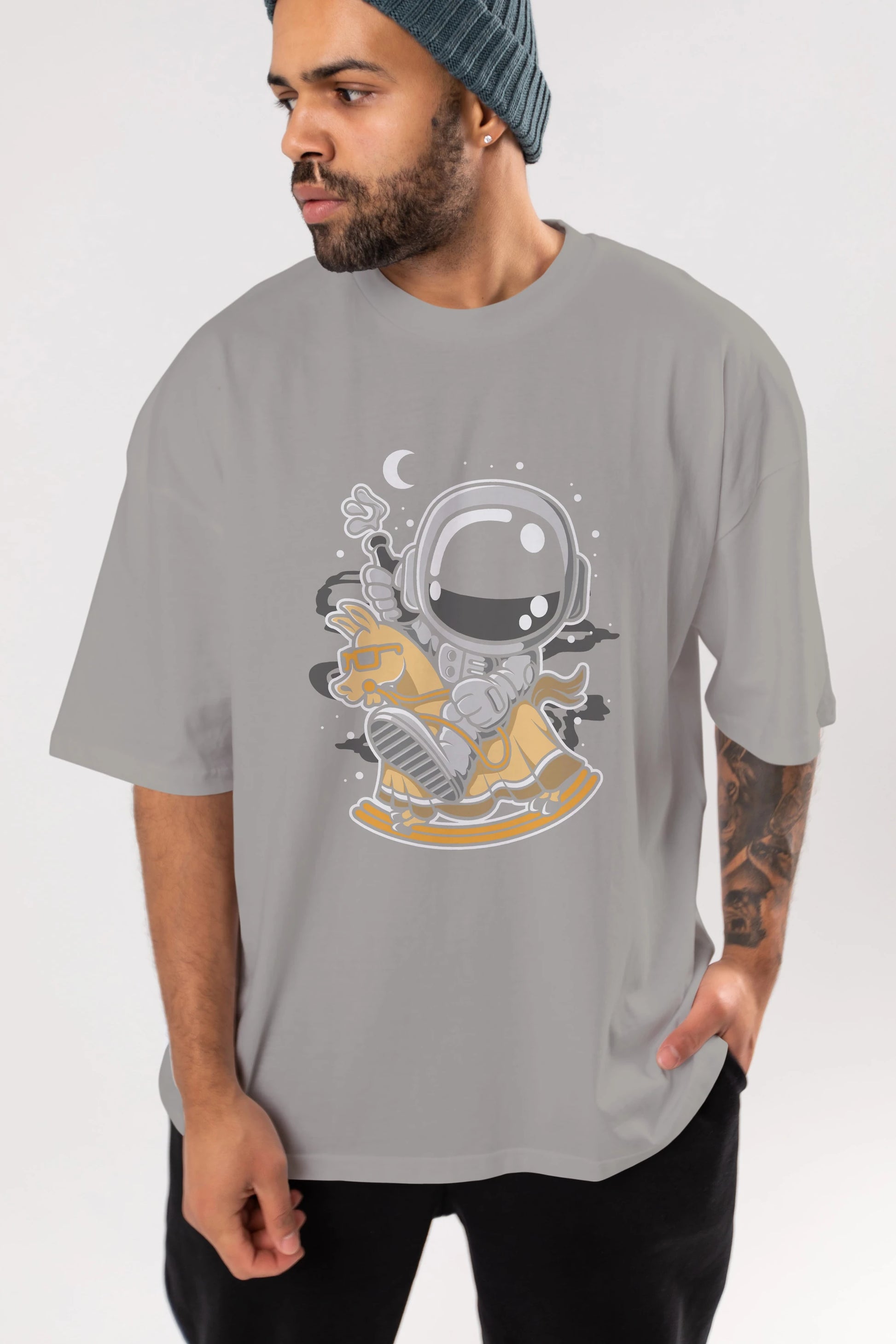 Astronaut RidingToy Horse Ön Baskılı Oversize t-shirt Erkek Kadın Unisex